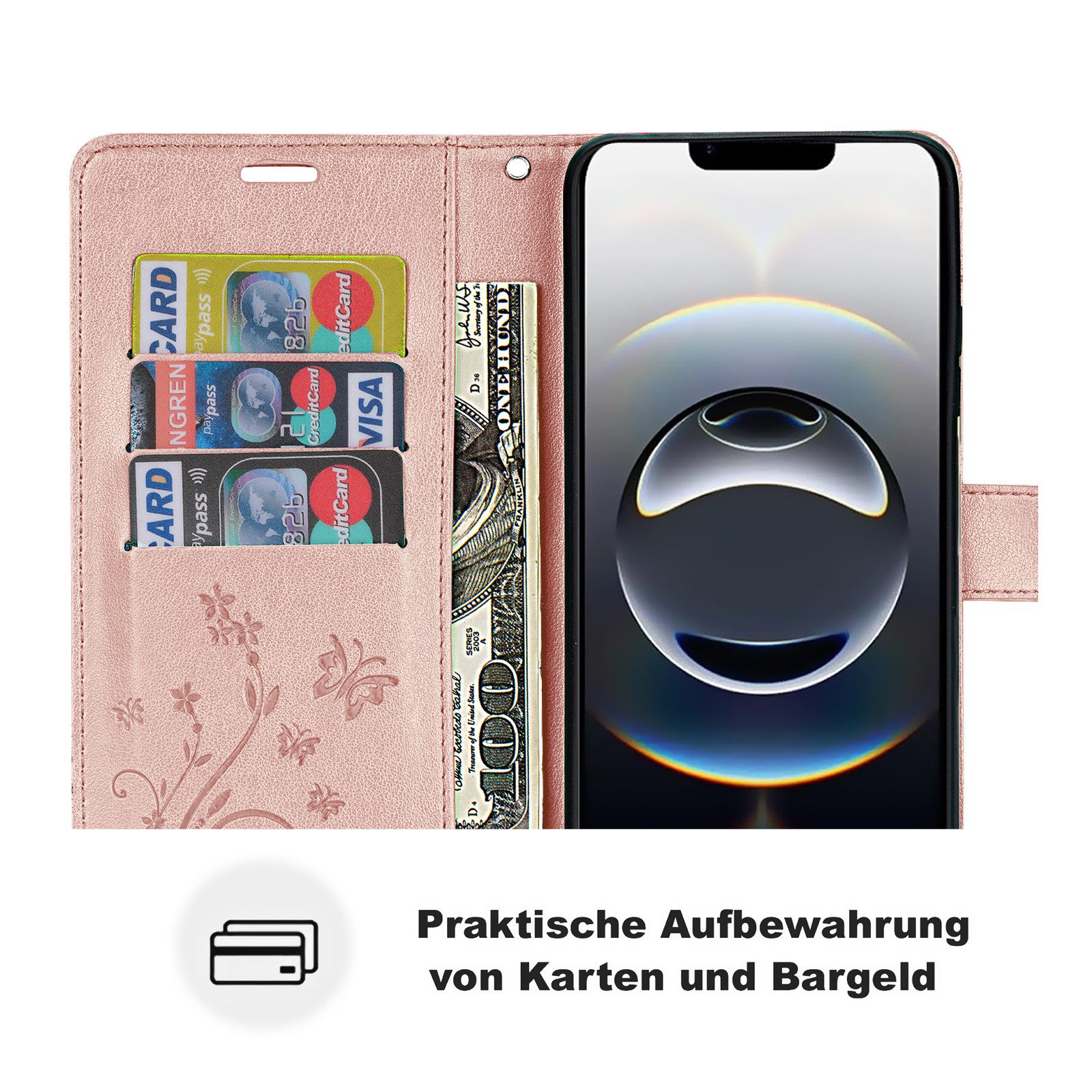 betterfon Handyhülle für iPhone 17E / 16E - Klapphülle mit 3 Kartenfächern Blumen, Bookstyle-Hülle: Magnetverschluss 3 Kartenfächer & Standfunktion – Bild 4 von 5