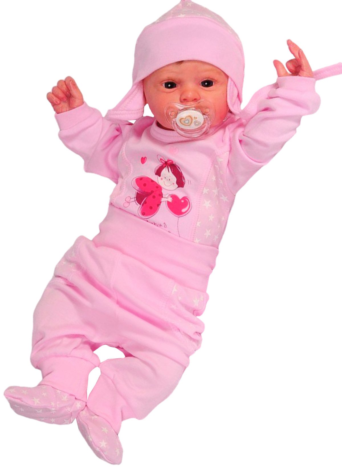 La Bortini Body & Hose Langarmbody Schlupfhose Mütze Baby Anzug in Rosa mit Sternchen aus reiner Baumwolle, 44 50 56 62 68