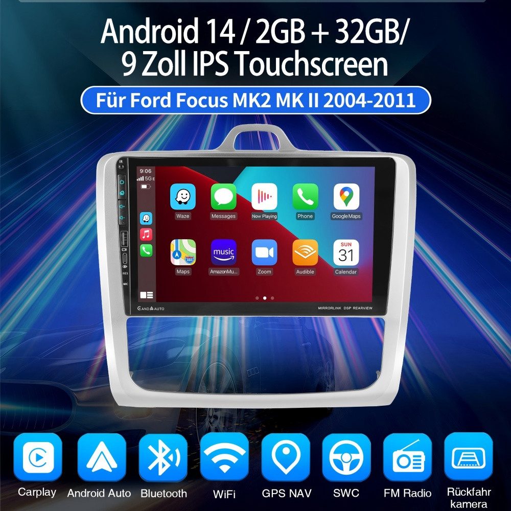 ESSGOO DAB+ 4+64G Carplay Android 15 Für Ford Focus MK2 MK II 2004-2011 Autoradio (RDS, 4+64GB(optional), Digitalradio (DAB), FM, AM, Carplay Android Auto Bluetooth EQ USB GPS Navi WIFI IPS Touchscreen)