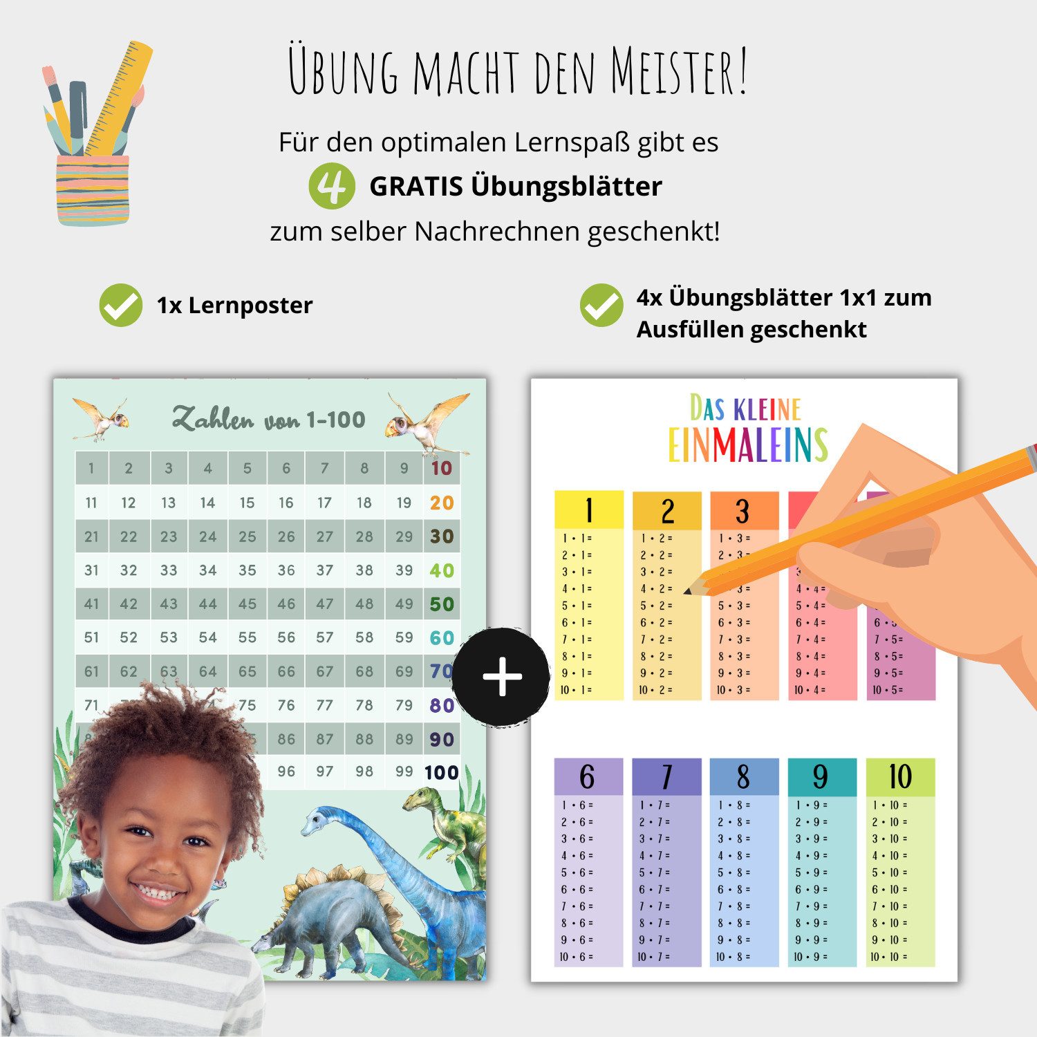 MeinBaby123® Poster Zahlen 1-100, Zahlen Trainer, Lernposter Mathematik, Grundschule, Lernposter Zahlen lernen