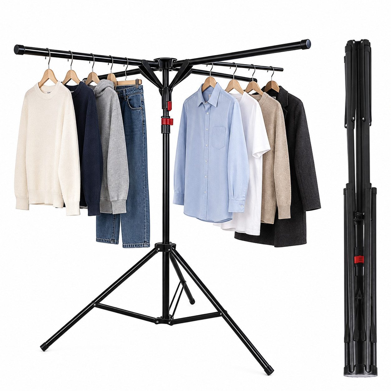 GLIESE POWER Turmwäscheständer – Faltbar, mit Windfesten Aufhängern, für Innen & Außen, 4 Arme, 130–180 cm, Carbonstahl, 10 Windfeste Aufhänger