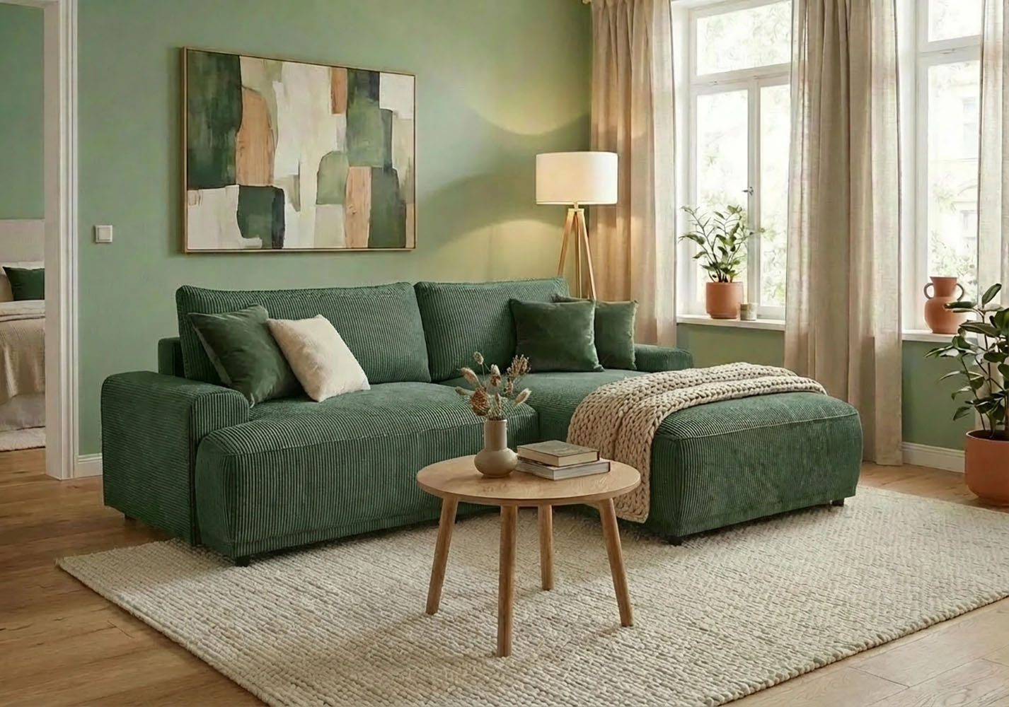 TRENDMANUFAKTUR Ecksofa Fordon, Schlafsofa mit Bettkasten, Couch in L-Form, Breite 250 cm, in Cordstoff HYPER, dunkelgrün, Recamiere rechts