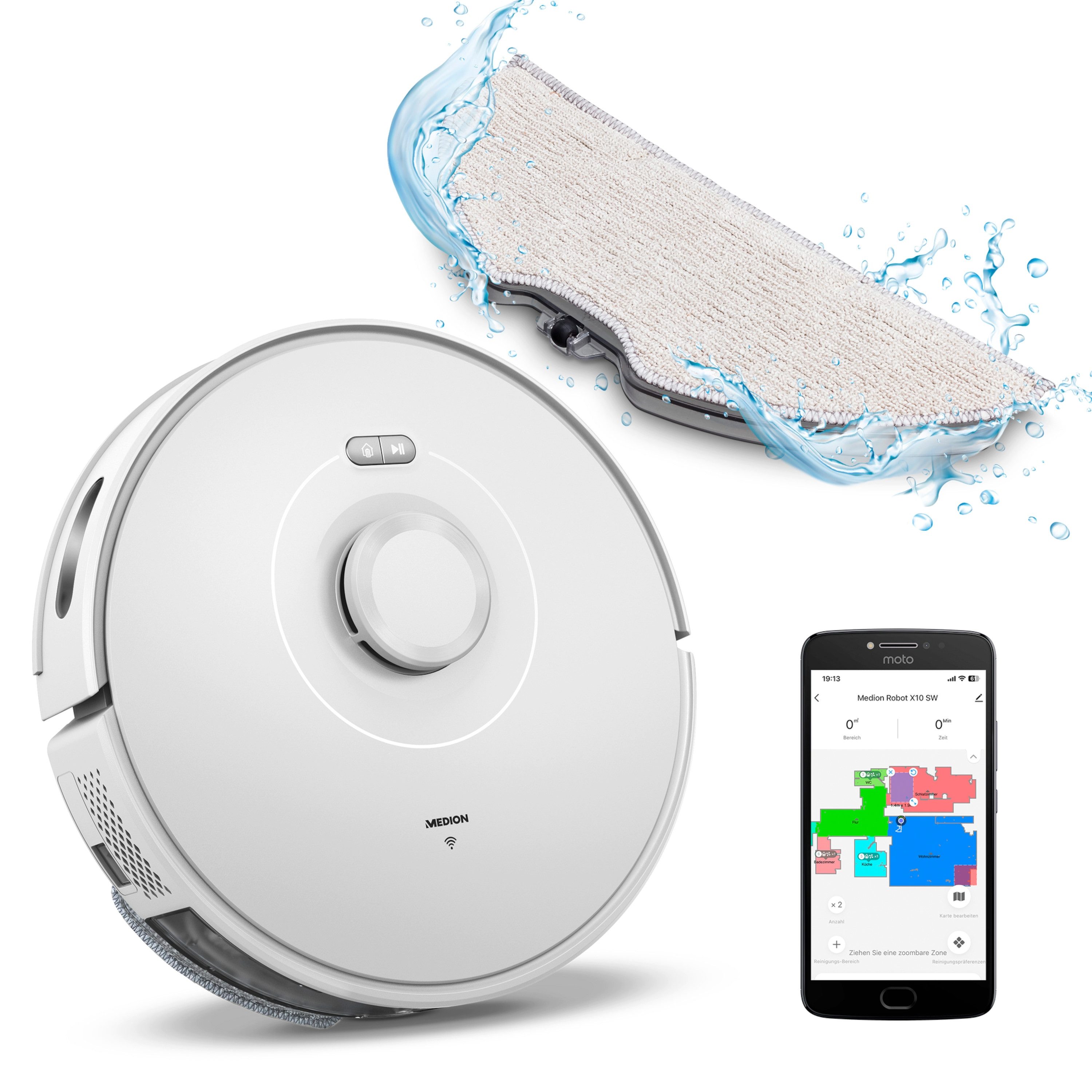 Medion® Saugroboter Smarter Saugroboter mit Wischfunktion X10 SW, App und Sprach Steuerung, bis zu 120 Min. Laufzeit, 2.700Pa