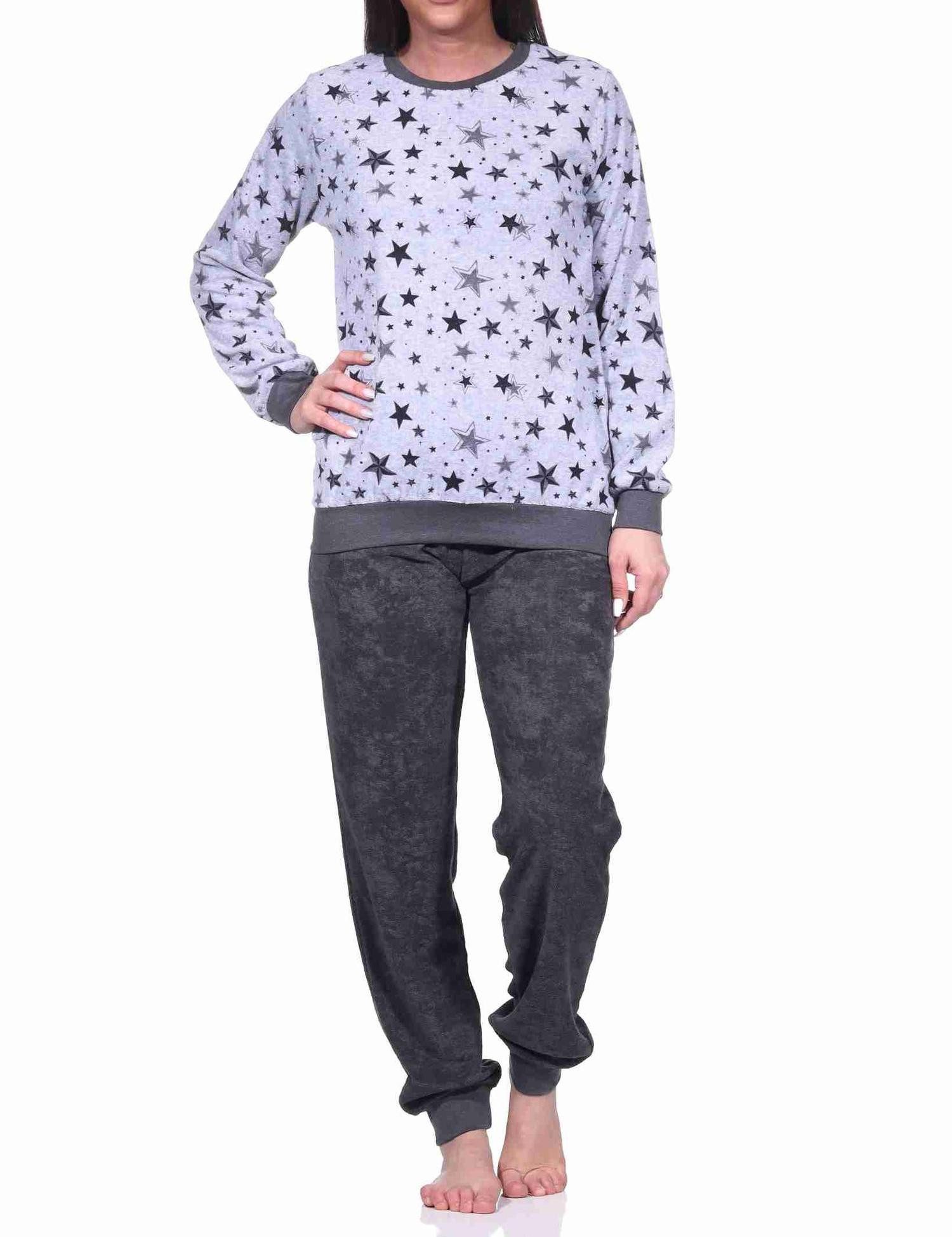 Pyjama Damen Frottee Schlafanzug mit Bündchen in edlen Sterne Design