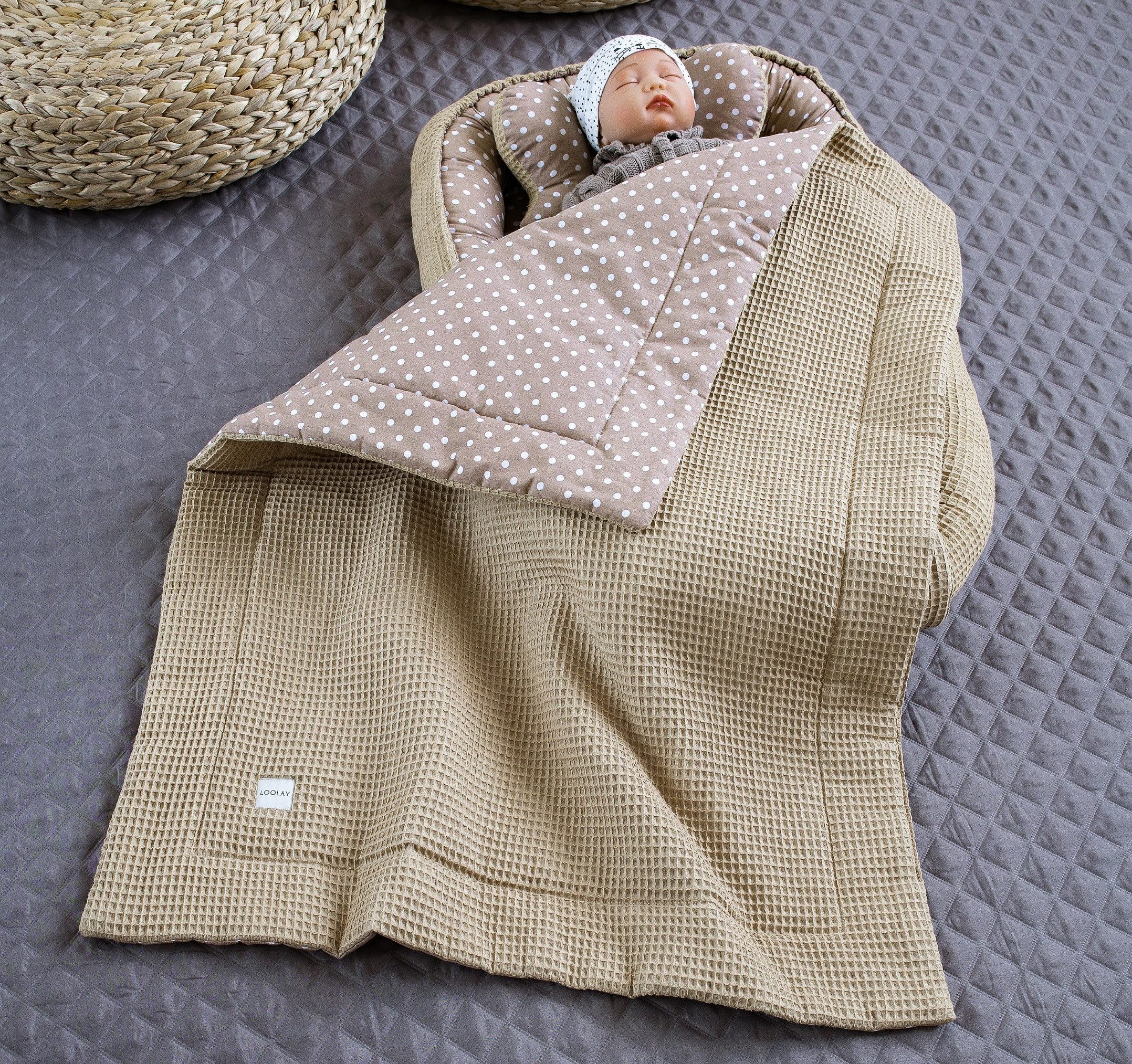 Bettnestchen Taupe WAFFELPIQUE/ Braun PUNKTE Babynest Babyausstattung