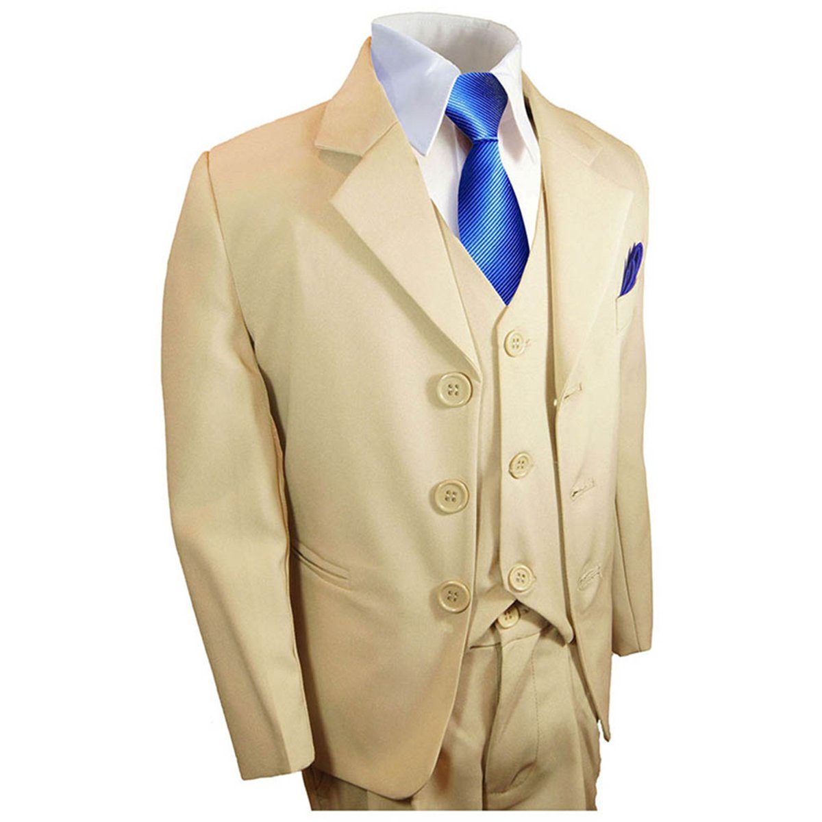 Paul Malone Kinderanzug Anzug für Jungs 6tlg Slim Fit Kommunionanzug, Konfirmationsanzug (6-tlg., mit Sakko, Weste, Hose, Hemd, Krawatte und Einstecktuch) KA40 mit blauer Krawatte, beige, 92 (2 Jahre)