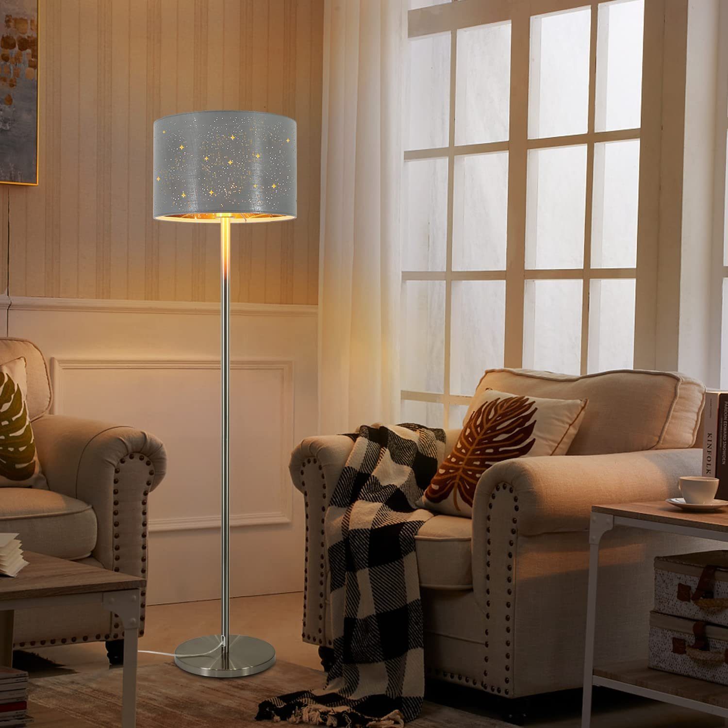 mit LED Grau-Gold Stoff Wohnzimmer Stehlampe E27, wechselbar, Modern Stehleuchte ZMH aus