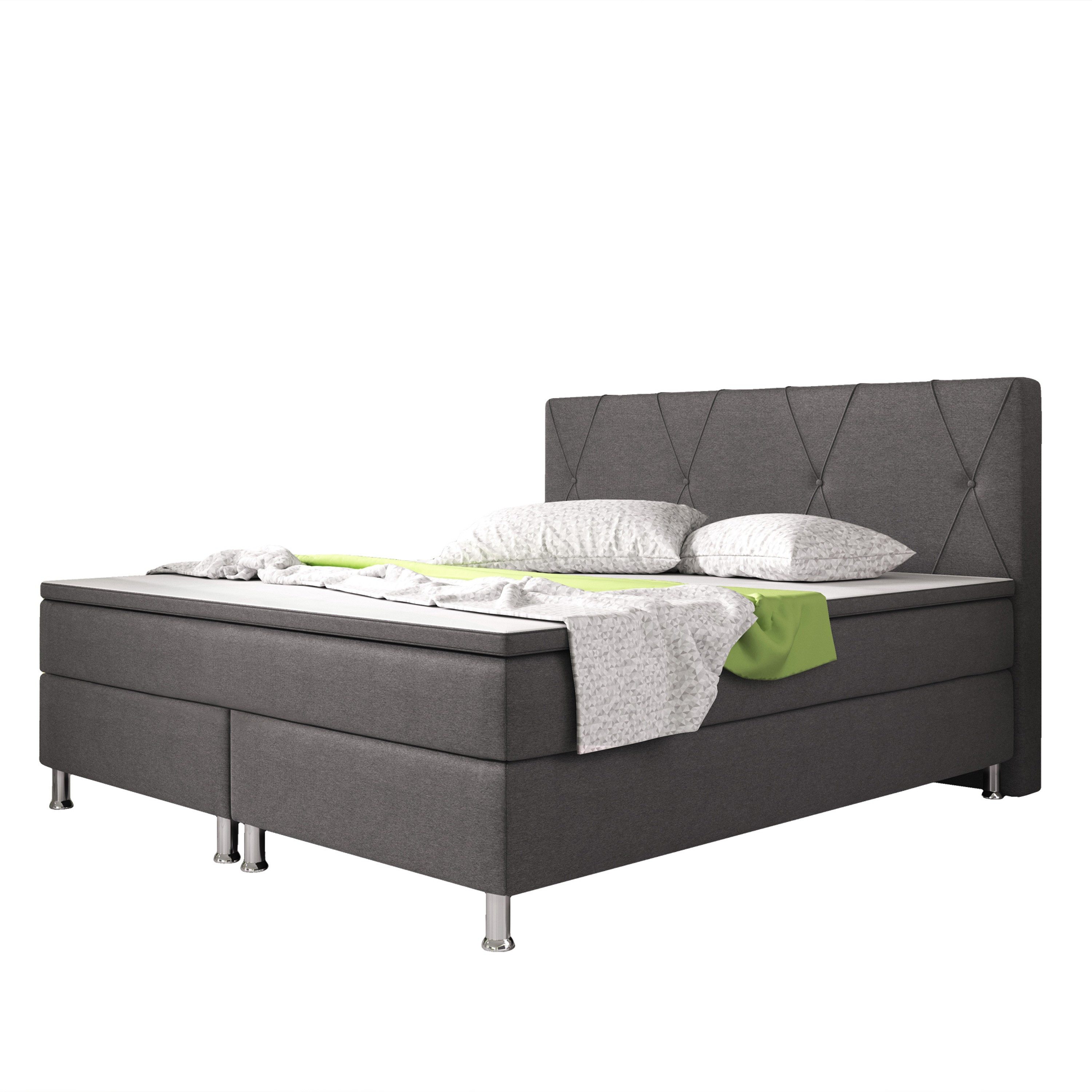 inter Boxspringbett Boston Webstoff mit 7 Zonen Taschenfederkernmatratze und Topper (140x200 cm, Anthrazit mit 7 Zonen Taschenfederkernmatratzen und Topper), Taschenfederkern-Komfort, gepolstertes Kopfteil, inklusive Matratzen