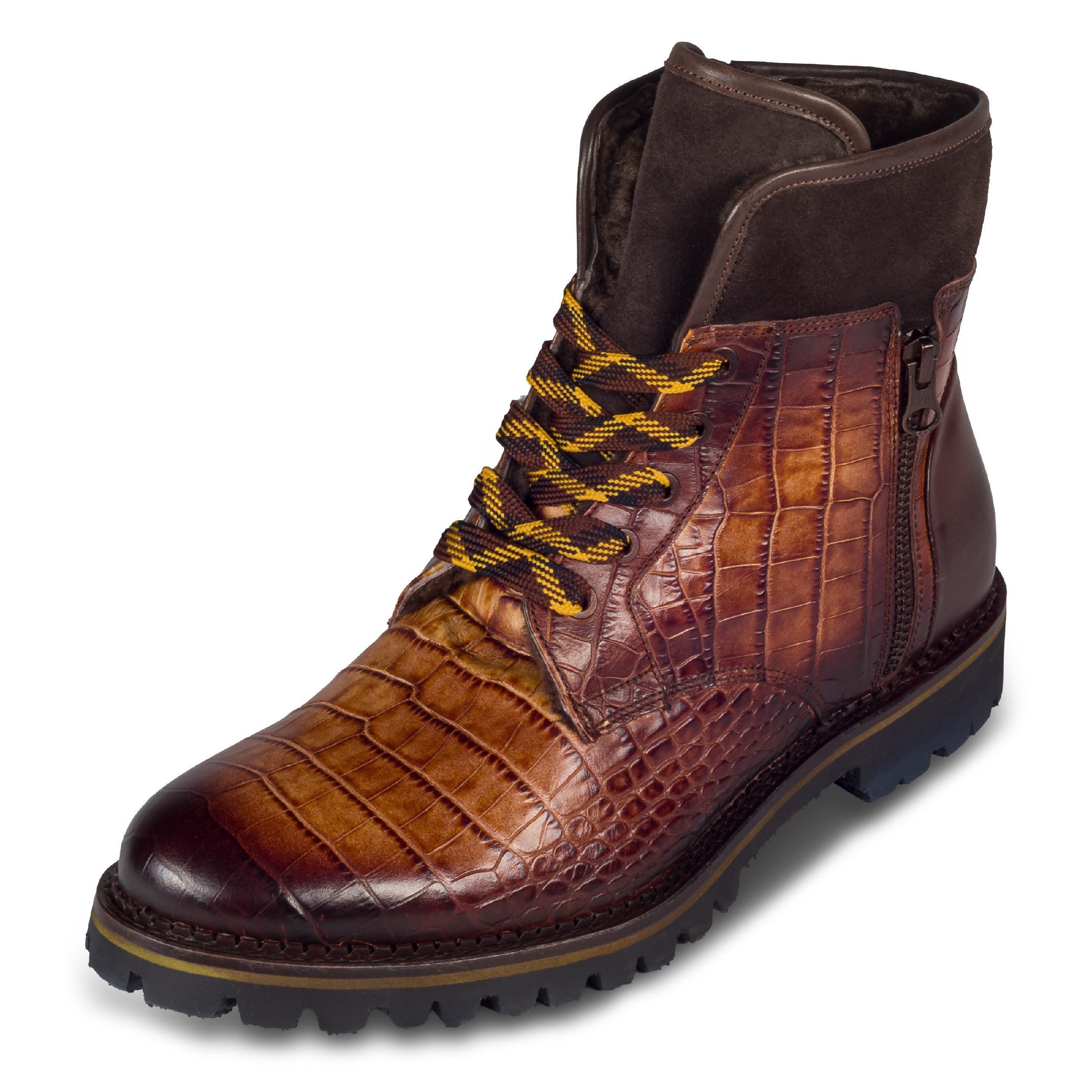 Lorenzi Lorenzi Herren Schnür-Stiefel braun, Lammfell, Leder Reptil-Prägung Stiefel Handgefertigt in Italien