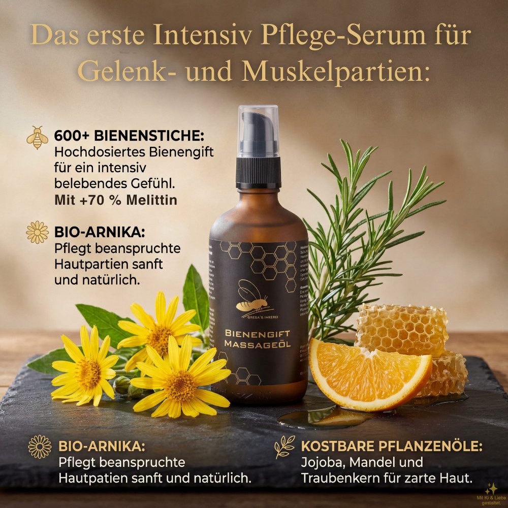Grega´s Imkerei Massageöl mit Bienengift 100ml Intensiv Pflege-Serum für Muskeln Gelenke, 3-tlg., Hochkonzentriert: Jede Flasche enthält über 600 Bienenstichen.