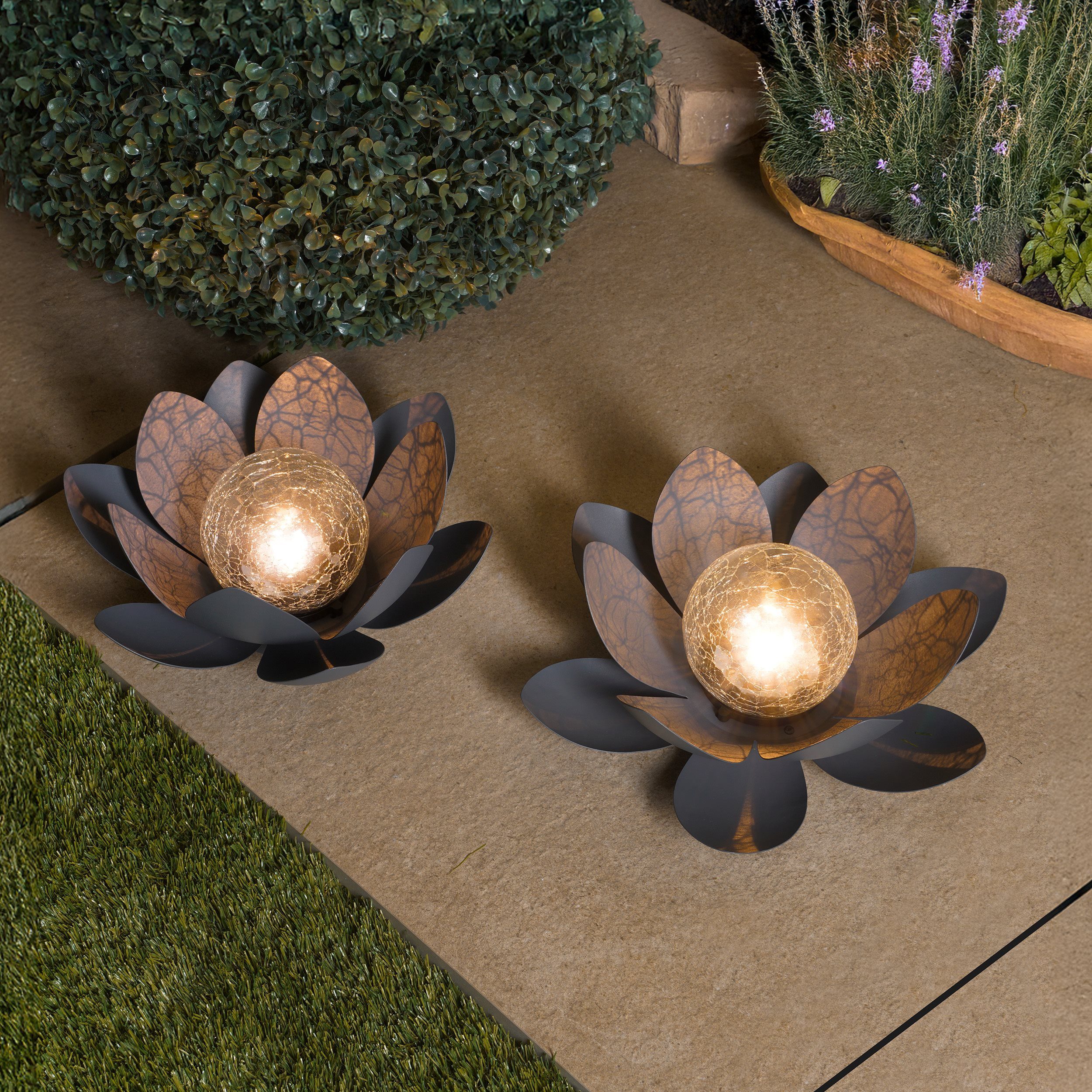 esotec LED Gartenleuchte Solar Dekoleuchten Lotusblüten 2er Set D=26cm 2700K warmweiß 102087, LED fest integriert