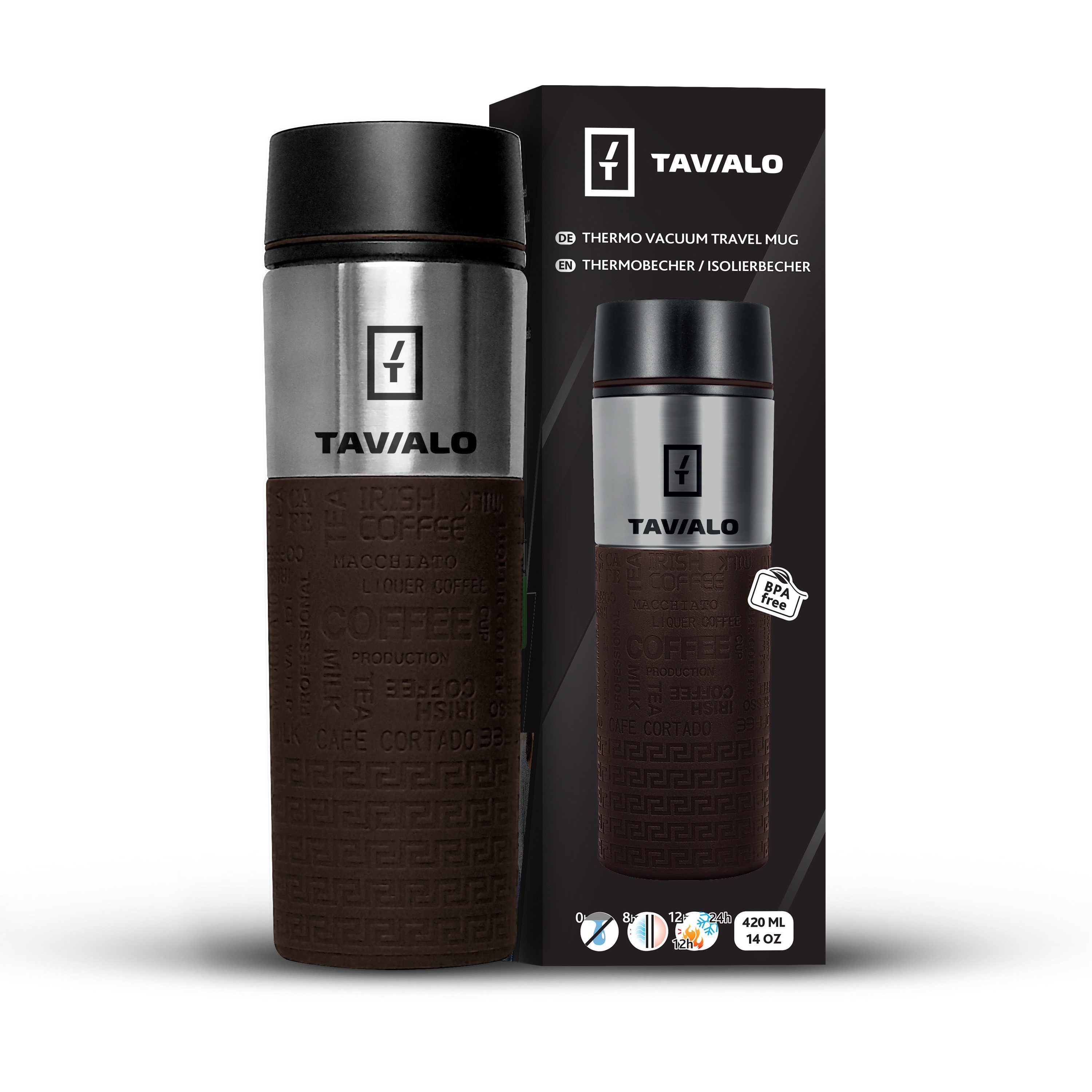 TAVIALO Isolierflasche TAVIALO Thermobecher 380ml Edelstahl BPA-frei 12h heiß/24h kalt, doppelwandig & auslaufsicher, inkl. 2 Silikondichtungen