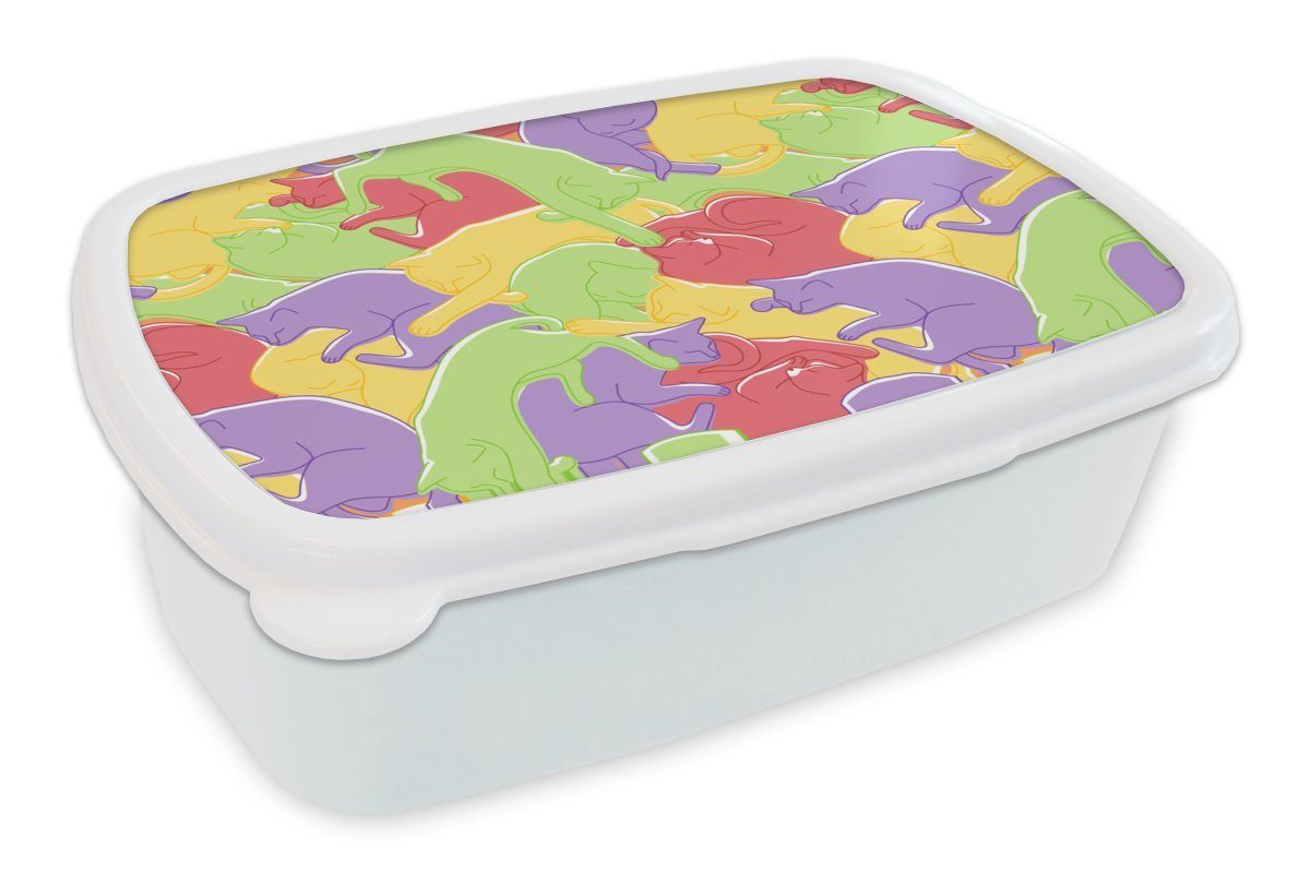 MuchoWow Lunchbox Katzen - Regenbogen - Kinder - Pastell - Muster, Kunststoff, (2-tlg), Brotbox für Kinder und Erwachsene, Brotdose, für Jungs und Mädchen weiß