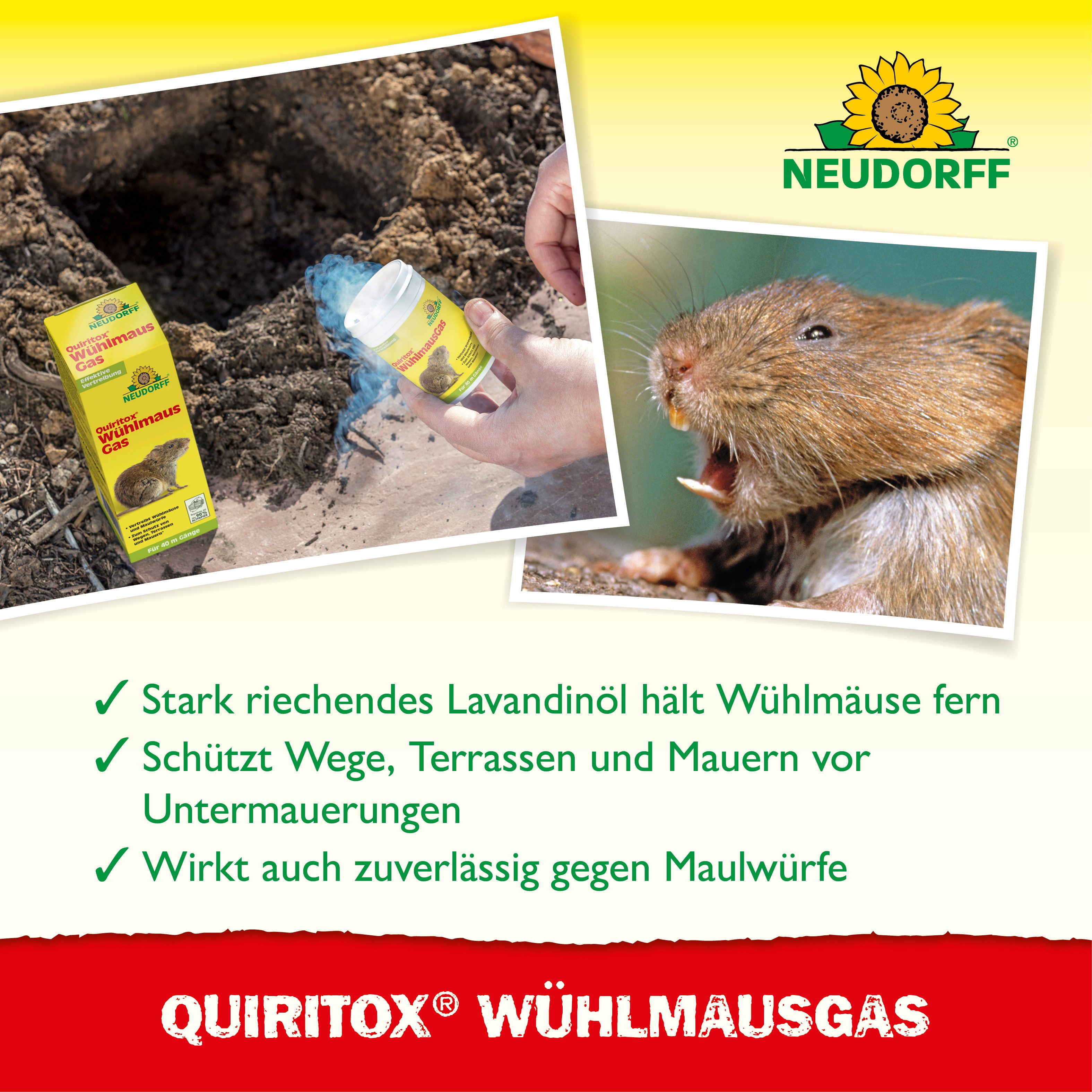 Neudorff Vergrämungsmittel Quiritox WühlmausGas, 2 Kartuschen für bis zu 40 m Gangsystem, 1-St., Rauchkartuschen mit Geraniol zur Vertreibung von Wühlmäusen, Ra – Bild 4 von 5