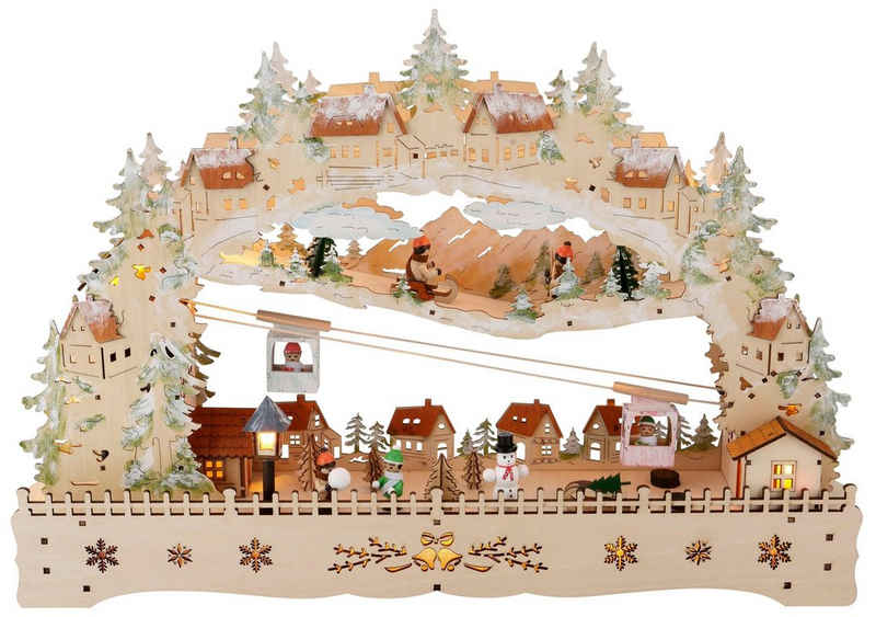 my home Schwibbogen Weihnachtsdeko, mit bewegter Seilbahn und beleuchteten Häuser und Rodelbahn