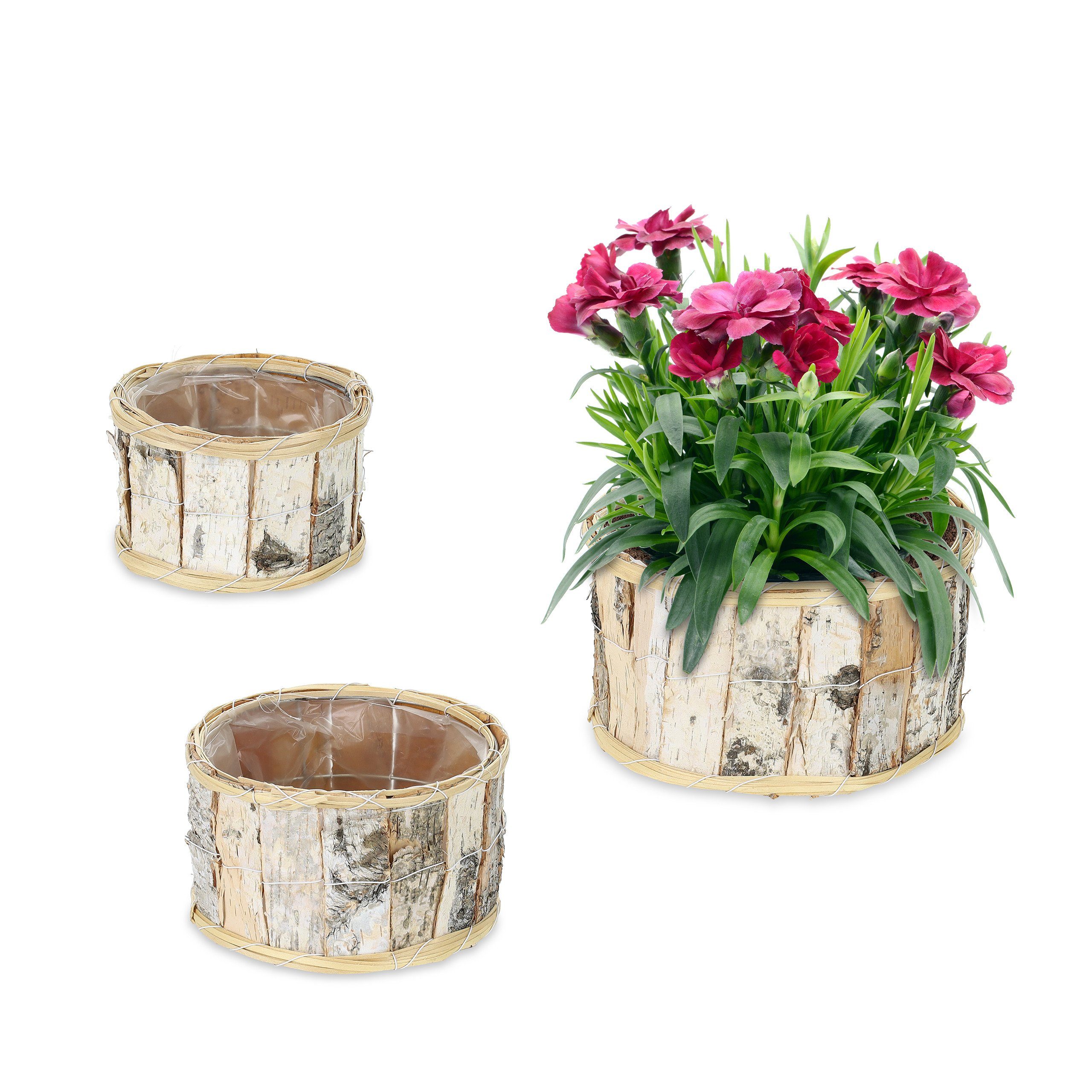 relaxdays Blumentopf Runder Blumentopf Birke 3er Set