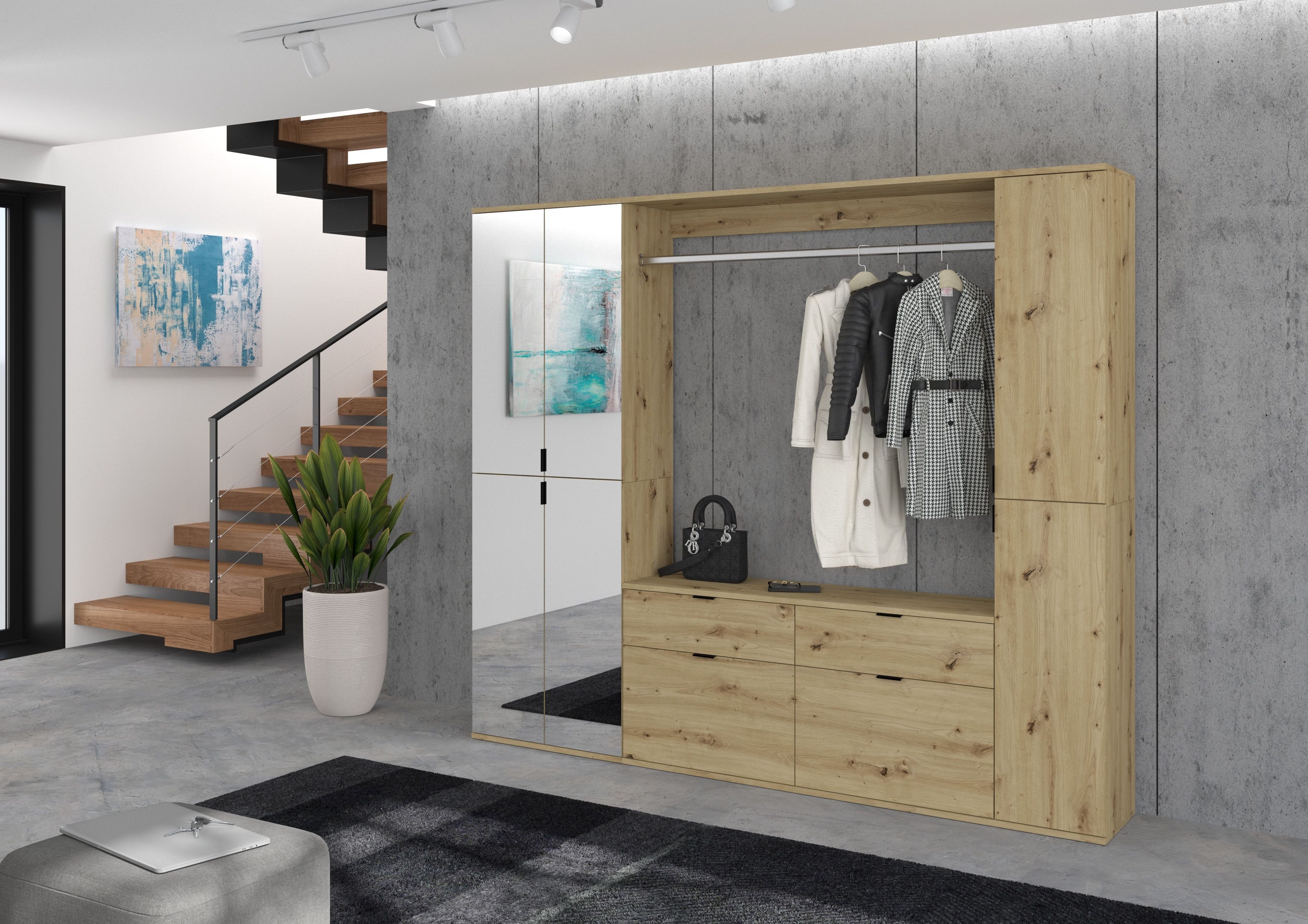 INOSIGN Garderoben-Set Trondheim, Breite 121 cm, best. aus Kommode, Garderobenstange & Ablage, (3-St), Zwischenbauelement für Hochschränke der Serie Trondheim