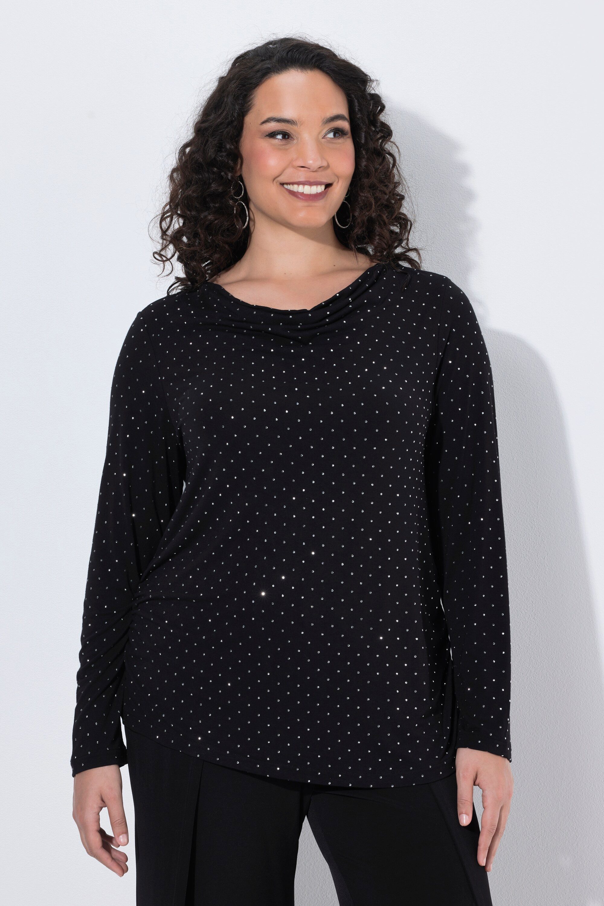 Ulla Popken Longsleeve Shirt Ziersteine Slim Wasserfall-Ausschnitt
