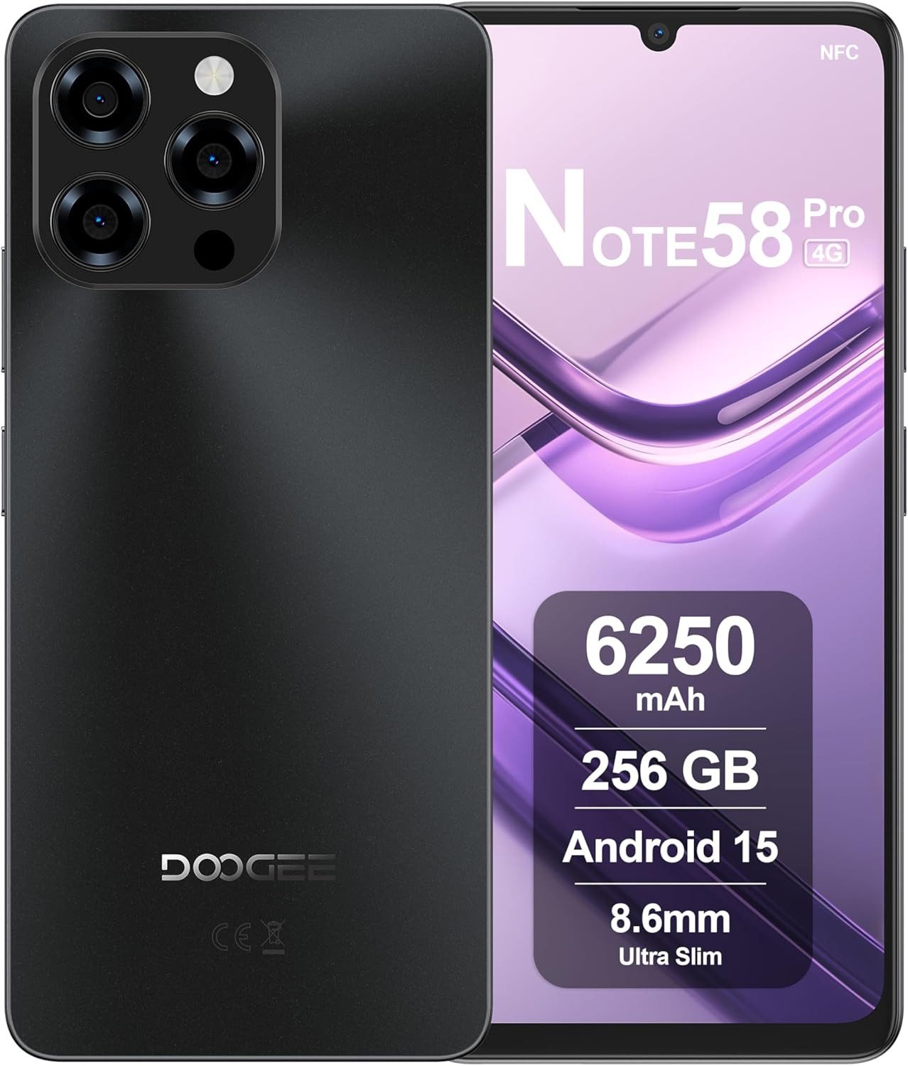DOOGEE Note 58 Pro Android 15 Smartphone (17,14 cm/6.75 Zoll, 256 GB Speicherplatz, 16 MP Kamera, 6250mAh, 32(8+24)GB+258GB /2TB, 6.75" HD 90Hz, NFC, 4G Dual SIM)