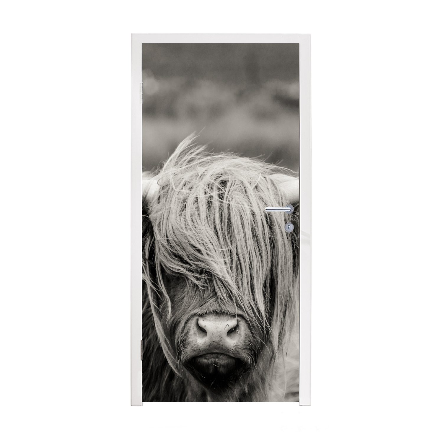 MuchoWow Türtapete Schottischer Highlander - Kuh - Tiere - Schwarz-Weiß - Ländlich, Matt, bedruckt, (1 St), Selbstklebende Tapete, Folie für Möbel, 75x205 cm