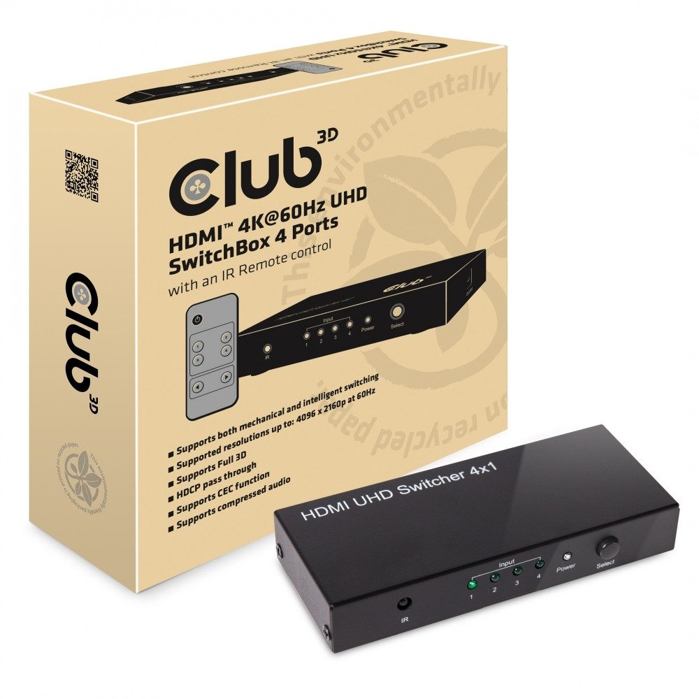 CLUB3D Club 3D HDMI 2.0 4K 60Hz Switchbox 4-Port CSV-1370 Netzwerk-Switch (4-Port HDMI 2.0 Switchbox mit 4K Auflösung bei 60Hz)