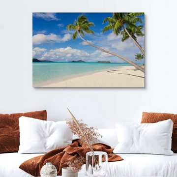 Posterlounge Holzbild Jan Christopher Becke, Weißer Strand mit Palmen, Tahiti, Französisch Polynesien, Badezimmer Maritim Fotografie