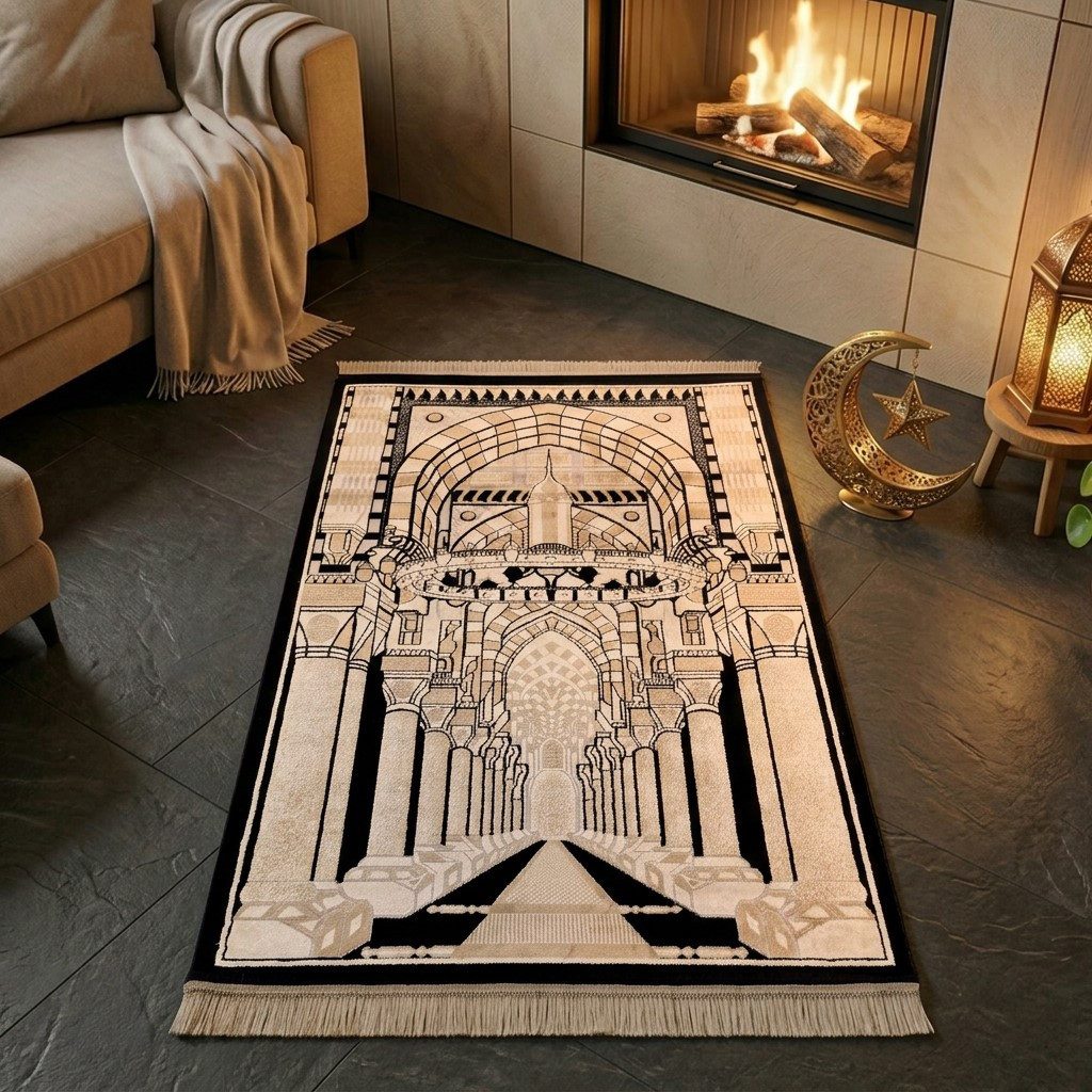 TeppichHome24 Teppich Gebetsteppich mit Moschee-Architektur Motiv in Schwarz und Beige, rechteckig