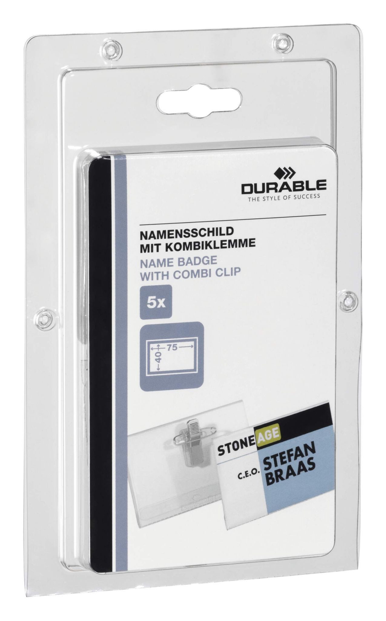 DURABLE Etikett Durable Namensschild 40x75mm tr 5St mit Kombiklemme SB-Pack 8157
