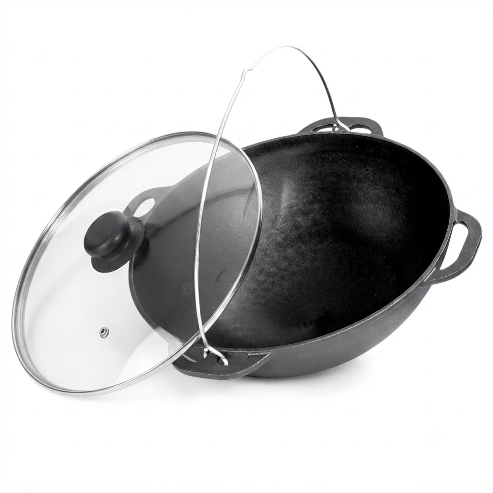 4BIG.fun Grilltopf Premium Gusseisen Kazan 15 L mit Glasdeckel Schwenktopf Gusstopf, Gusseisen (Schmortopf Plov, Grillwok preseasoned bereits eingebrannt), Asiatisches Kasan Kessel