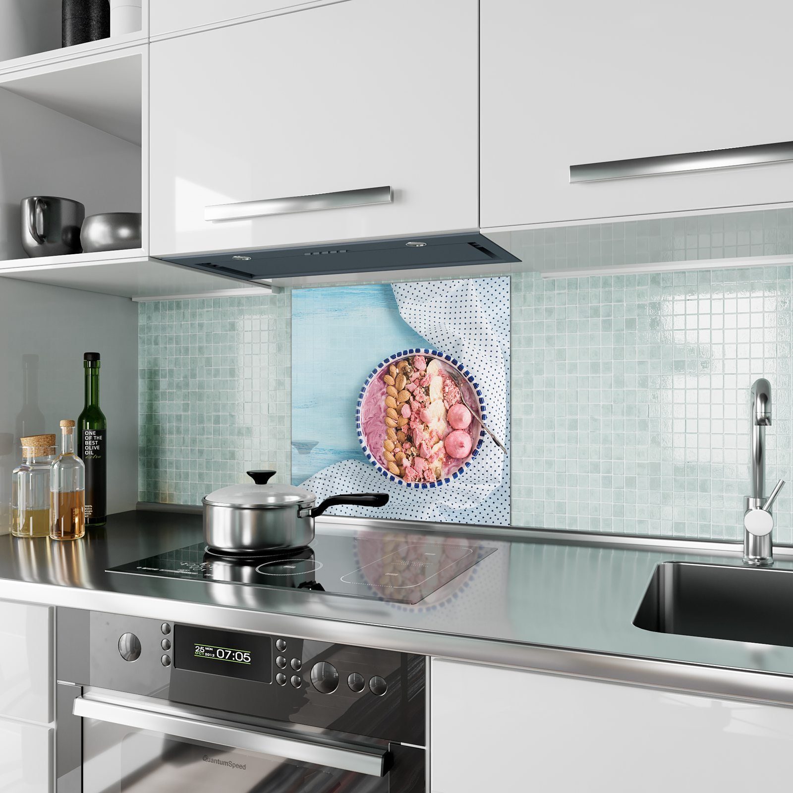 Küchenrückwand Spritzschutz mit Motiv und Küchenrückwand Nüsse Beerensmoothie Primedeco Glas