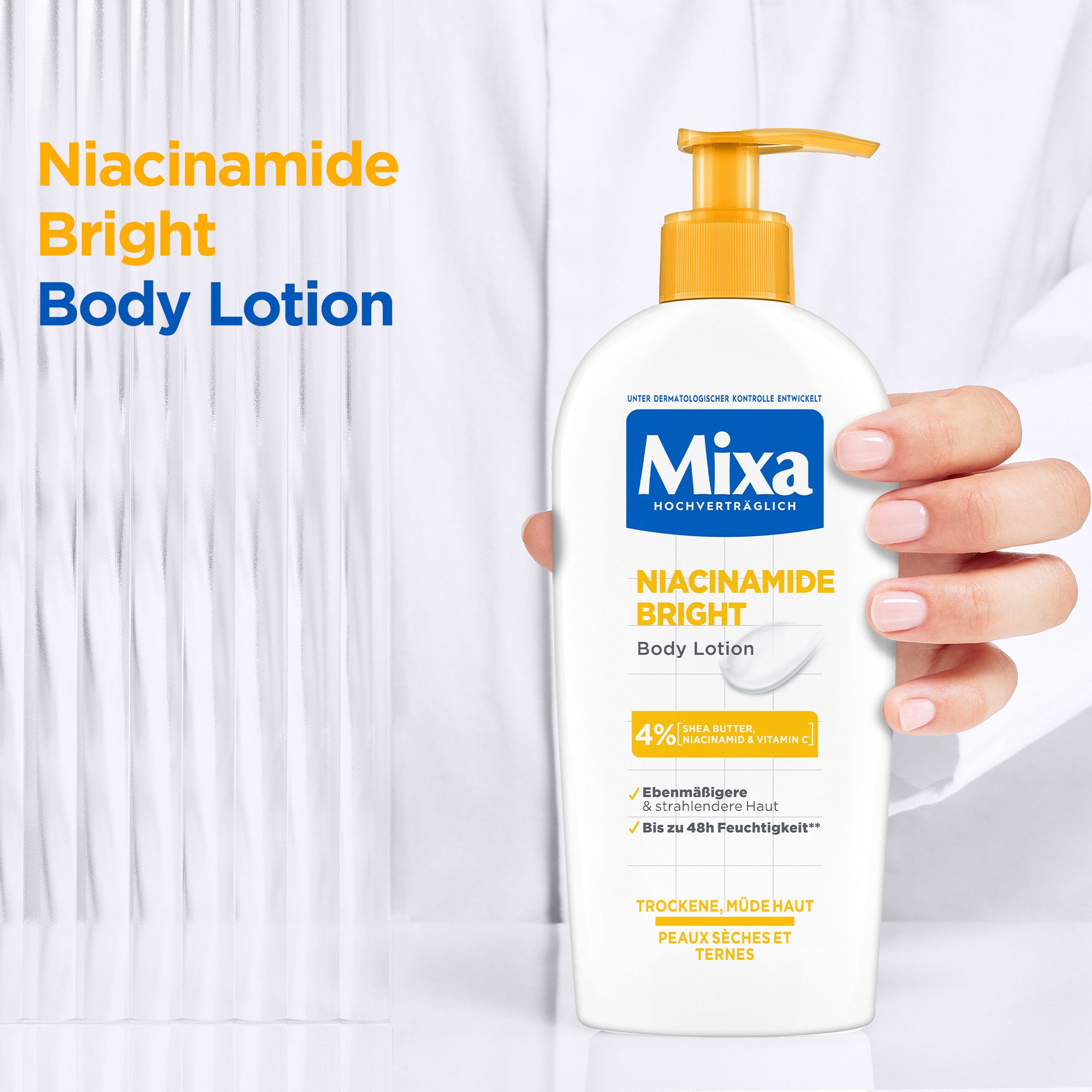 Mixa Körpermilch MIXA NIACINAMIDE BRIGHT BODY LOTION, Pflegt müde und trockene Haut, sorgt für bis zu 48h Feuchtigkeit.