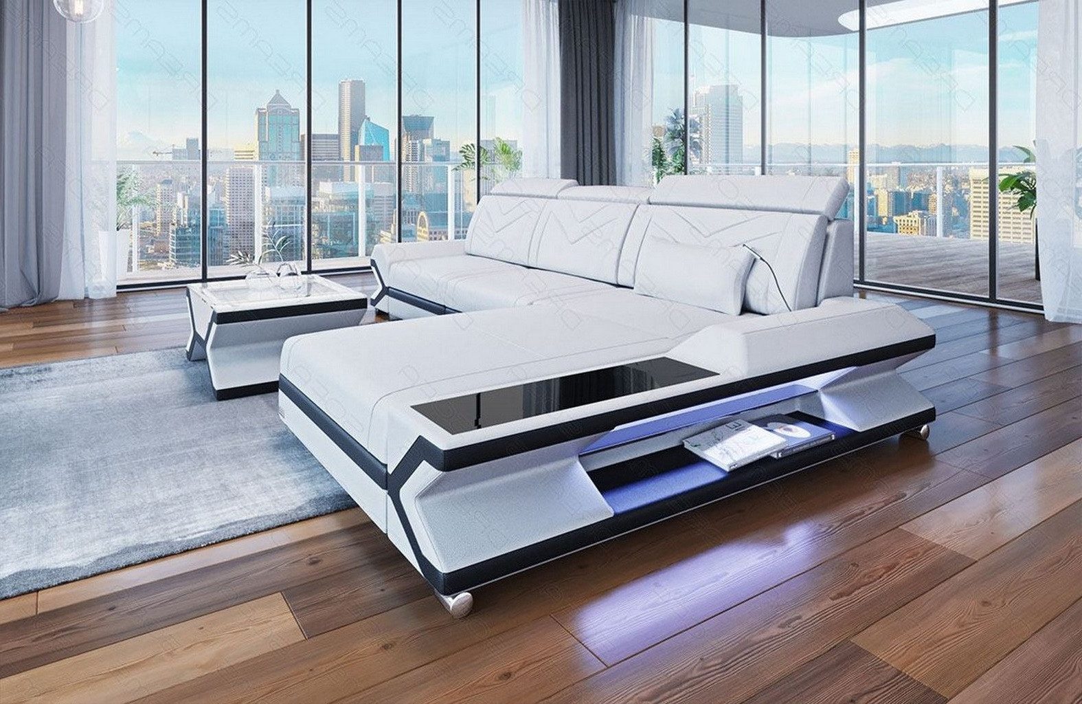 Sofa Dreams Ecksofa Napoli L Form Leder, Ottomane frei ausrichtbar, USB, opt. Bettfunktion, LED, 4-Sitzer