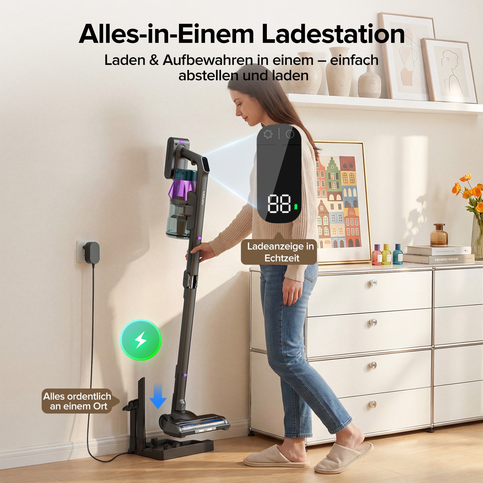 lubluelu Akku-Hand-und Stielstaubsauger G30 Kabelloser Akkusauger mit KnickRohr 50000pa / 2-in-1-Ladestation, 500 W, beutellos, 90° faltbare flexible Bodenbürste