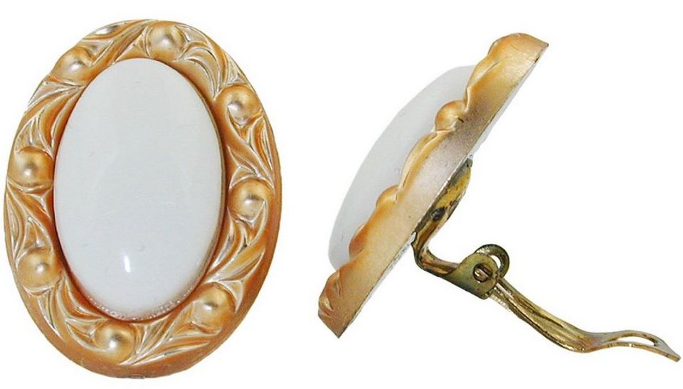 unbespielt Paar Ohrclips Modeschmuck Ohrringe weiss mit Rahmen goldfarbig  30 x 21 mm Kunststoff, Modeschmuck für Damen
