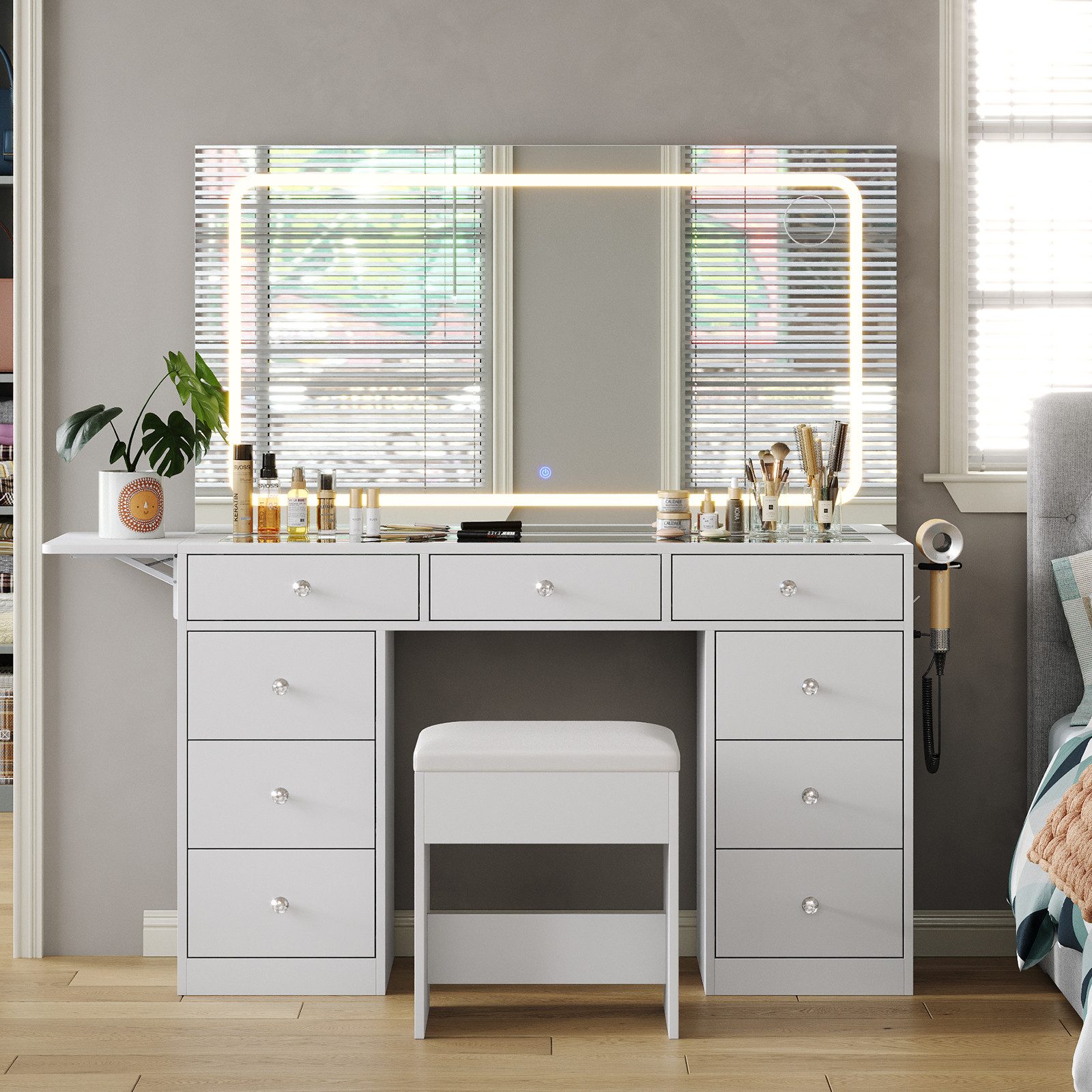 Yanosaku Schminktisch mit 9 Schubladen & Hocker, Make-up Tisch mit Ladestation (1-St), mit LED-Leuchtbänder