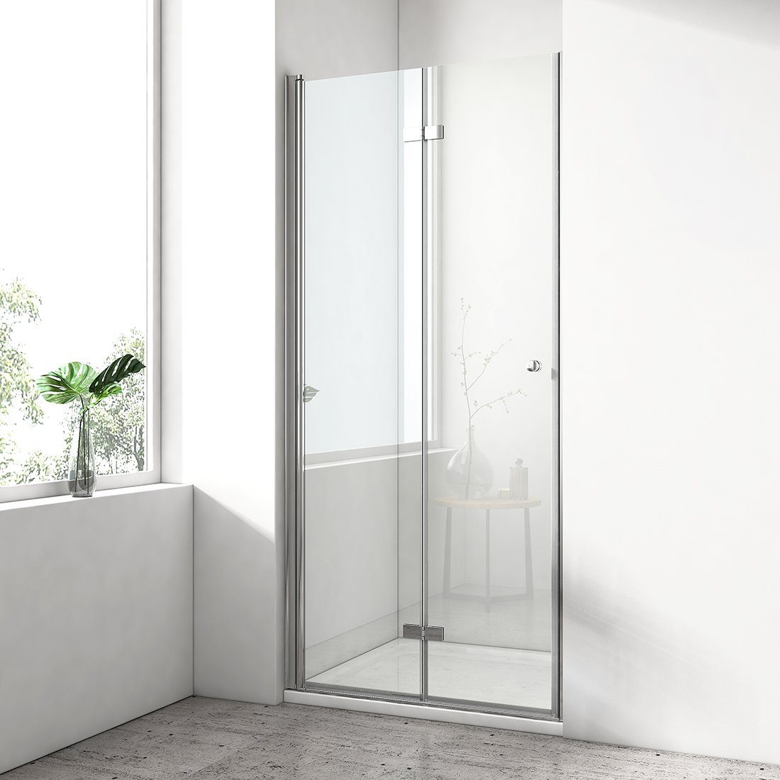 EMKE Dusch-Falttür Duschtür Duschabtrennung Rahmenlos Falttür Dusche Höhe: 185 cm, 6 mm Sicherheitsglas ESG Glas mit beidseitige Nano Beschichtung