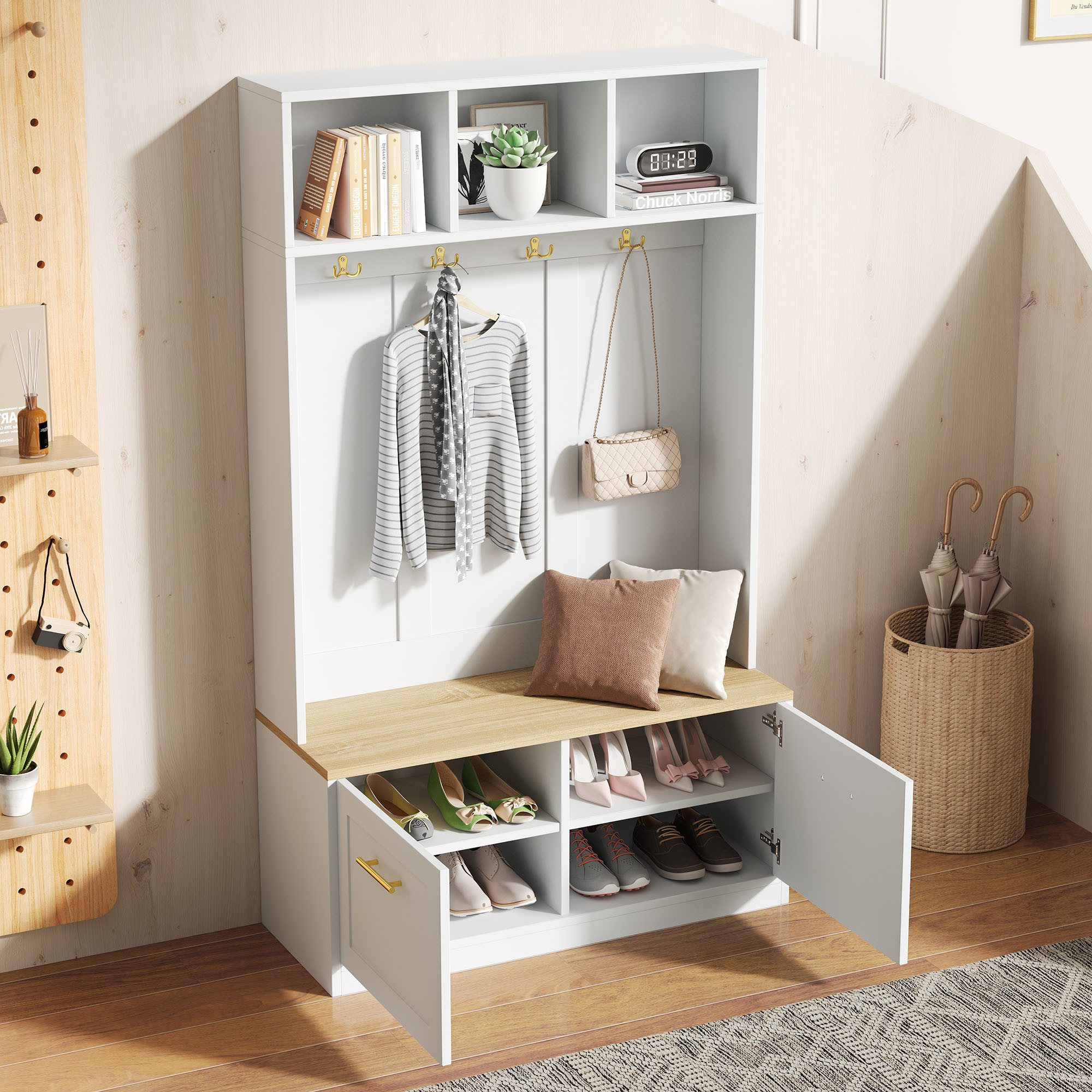 Refined Living Garderoben-Set Garderobenschrank mit Haken & Sitzbank, Flurgarderobe in Weiß, (Maße: B105/ /40/H180 cm, Kompaktgarderobe mit 4 Haken, offenem Stauraum und 2 TürenFlurmöbel, Kleiderhaken, Flurschrank mit Aufbewahrung, Eingangsbereich Möbel, Hakenleiste, Kompakter Garderobenschrank, Sideboard, Kommode, Aufbewahrungsbank, Schuhschrank, 1-St., platzsparendes Design,Stabile, langlebige Konstruktion,Goldoptik), für Flur,Wohnzimmer, Eingangsbereich,Wohnzimmer,Schlafzimmer,Wohnung