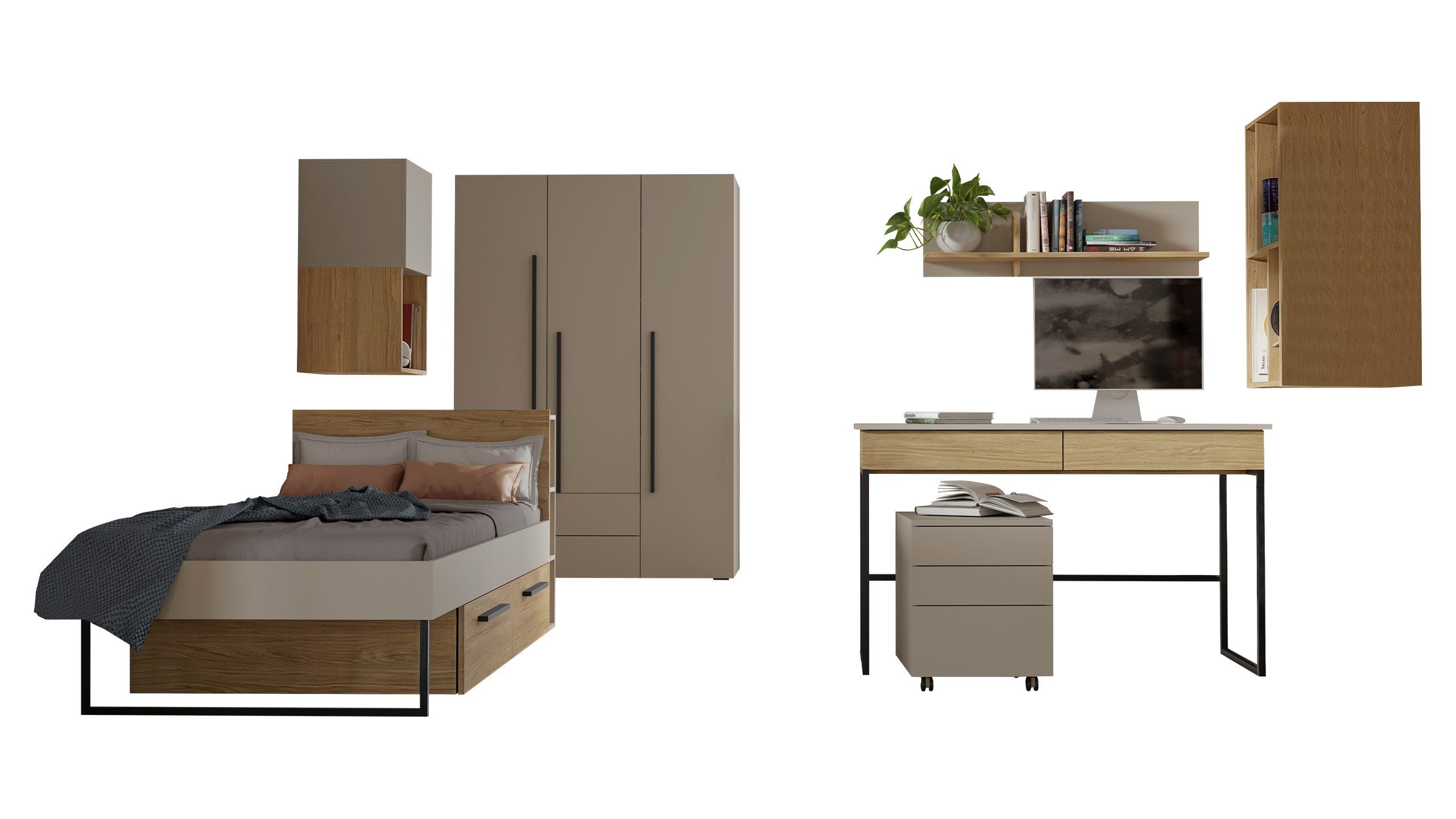 MIRJAN24 Jugendzimmer-Set Lorin I, (Komplettes 7er-Set), Kleiderstange, Lattenrost aus Sperrholz