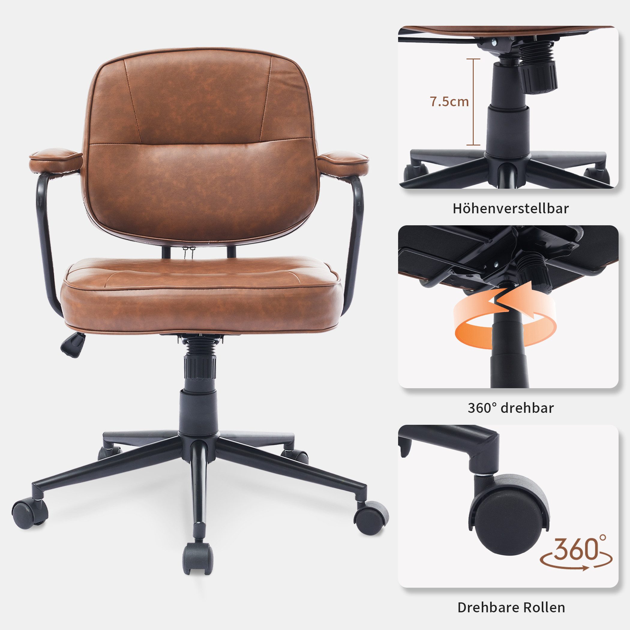 SeedWave Bürostuhl mit Wippfunktion PU-Leder Drehstuhl Gepolstert im modernen Retro-Stil, Höhenverstellbarer Schreibtischstuhl für Home Office – Bild 4 von 5