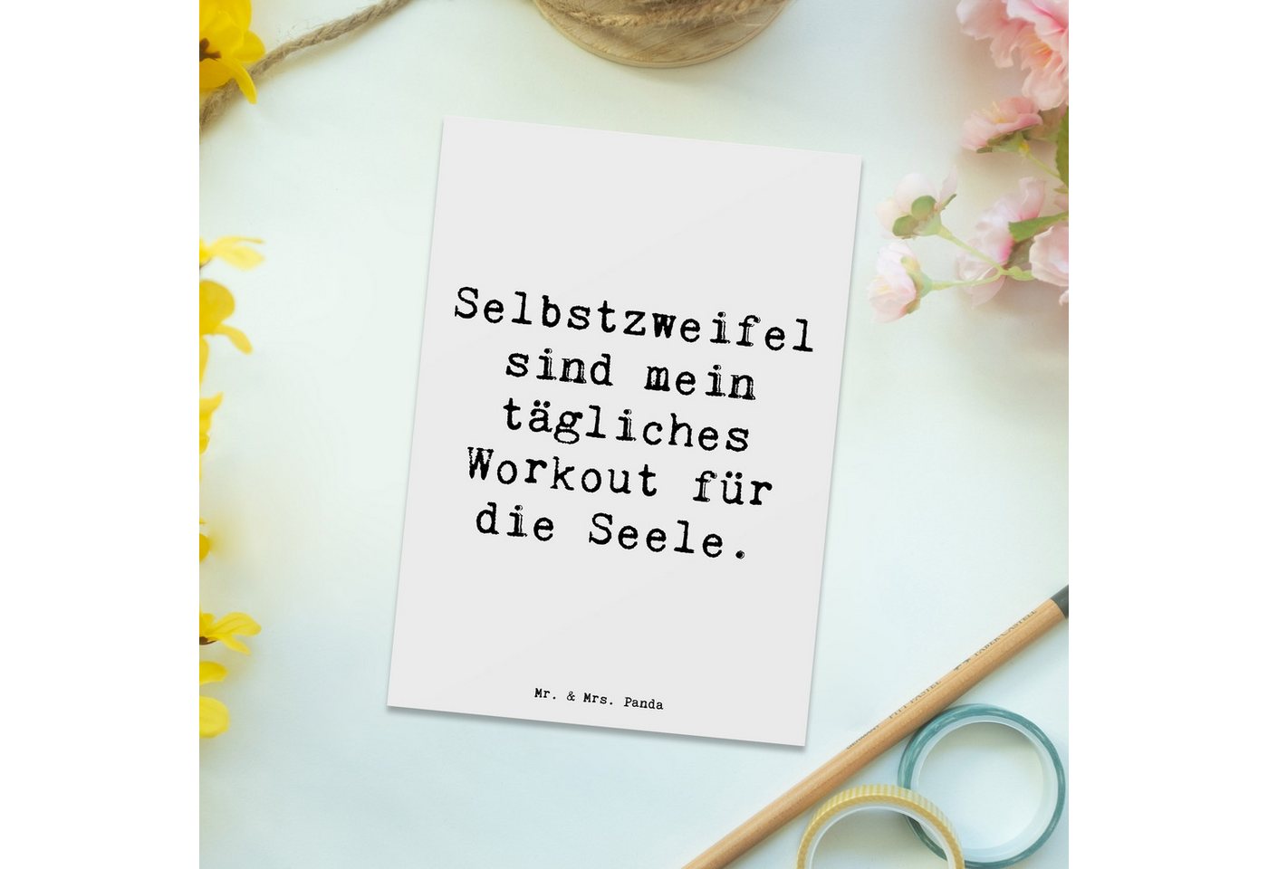 Thumbnail - Mr. & Mrs. Panda Postkarte Spruch Selbstzweifel Workout - Weiß - Geschenk, tägliches Workout, An