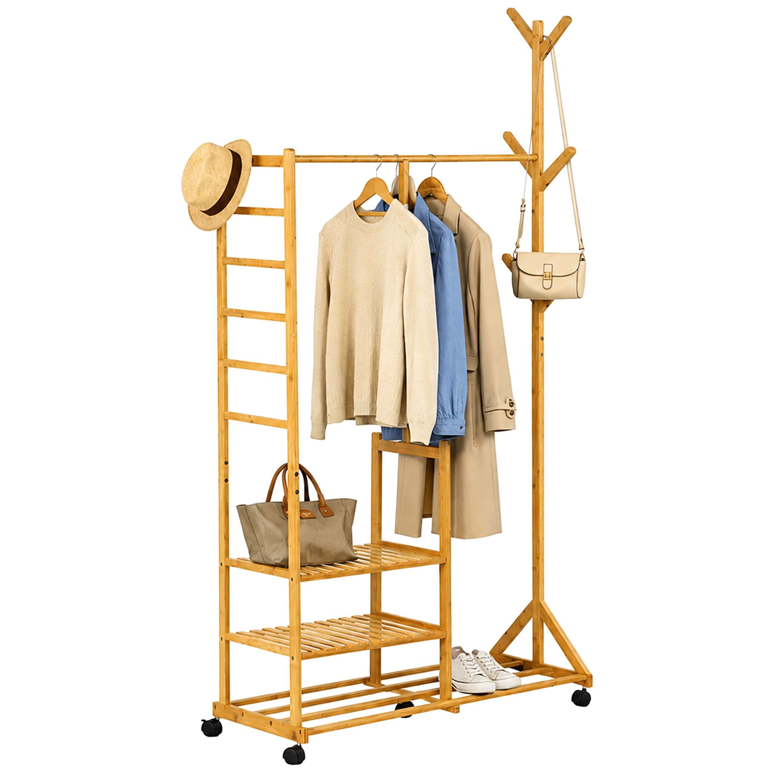 relaxdays Kleiderständer Bambus Kleiderständer mit Rollen, (1 St)