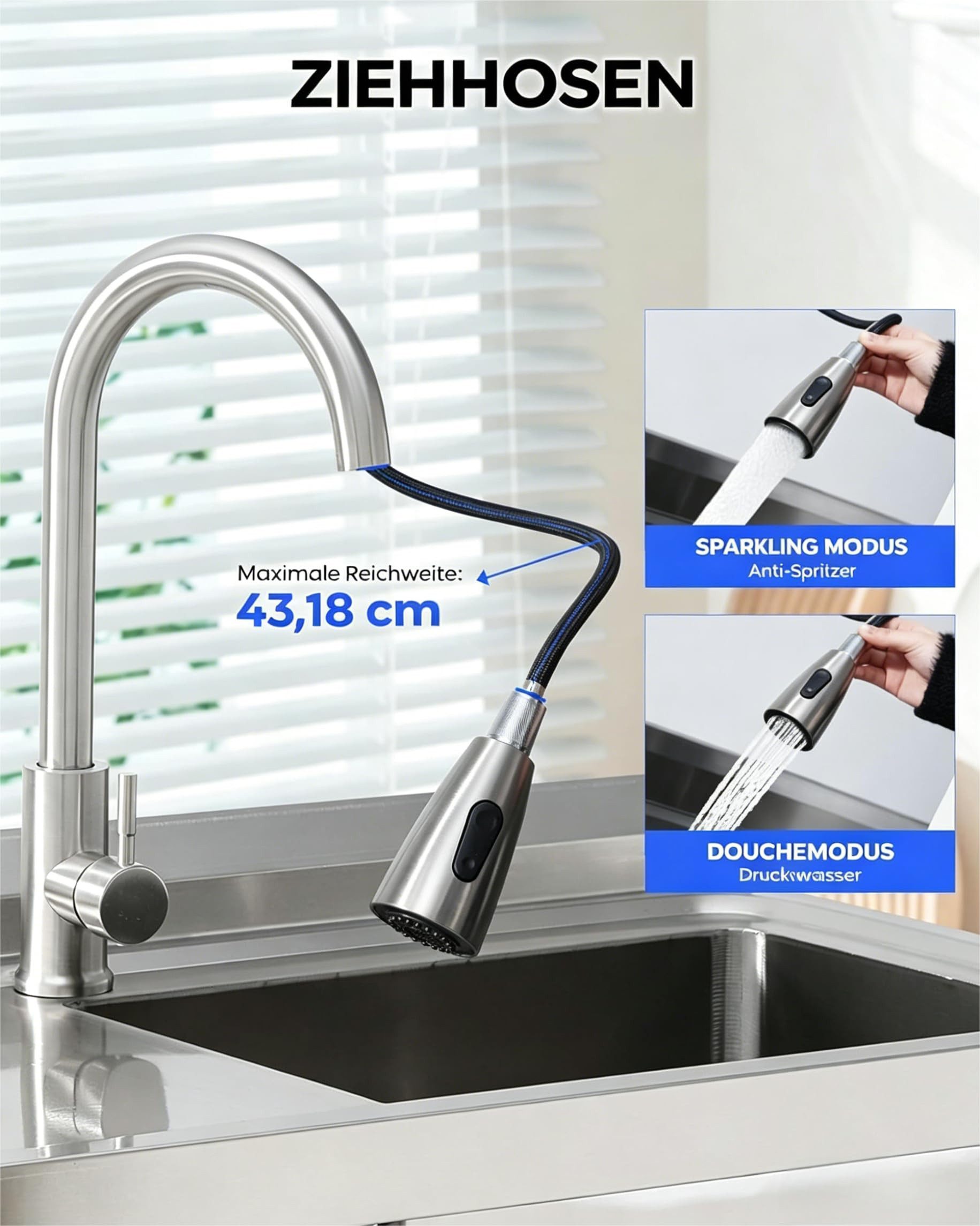 GarveeMore Waschbecken 304 Edelstahl-Spülenblock mit Schublade, 100 × 50 × 95 cm, Silber, 1 Becken & 1 Abtropffläche, ausziehbare Brause (Mitte)