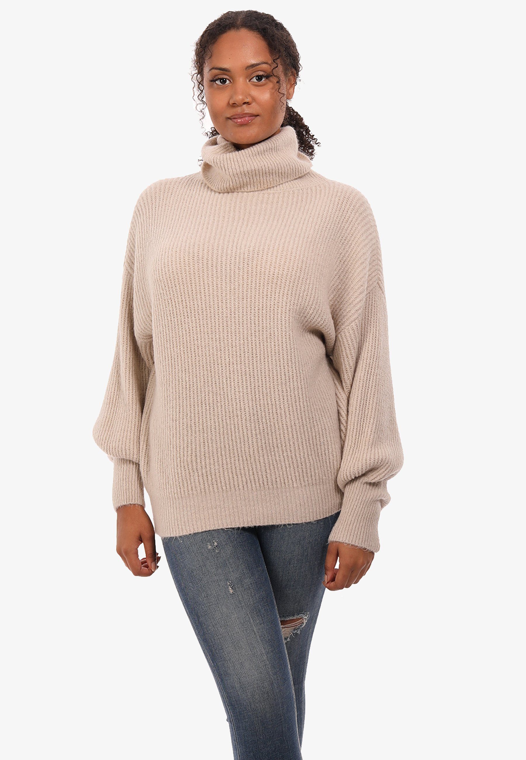 Sweater Size & Style YC (1-tlg) casual One Winter Strickpullover mit Casual wollweiß Oversize Fashion Damen Pullover Rollkragen