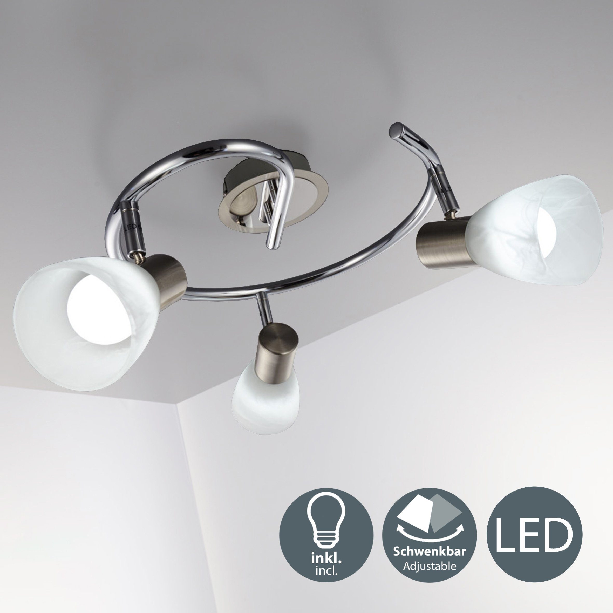 B.K.Licht LED Deckenspot E14 wechselbar, Leuchtmittel Glas-Lampenschirm, Warmweiß, LED Lunas, Chrom, Deckenleuchte, Spots, schwenkbare