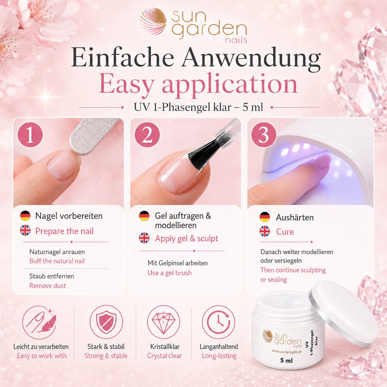 Sun Garden Nails UV-Gel 5 ml UV 1-Phasengel Allround Gel klar – Bild 4 von 5