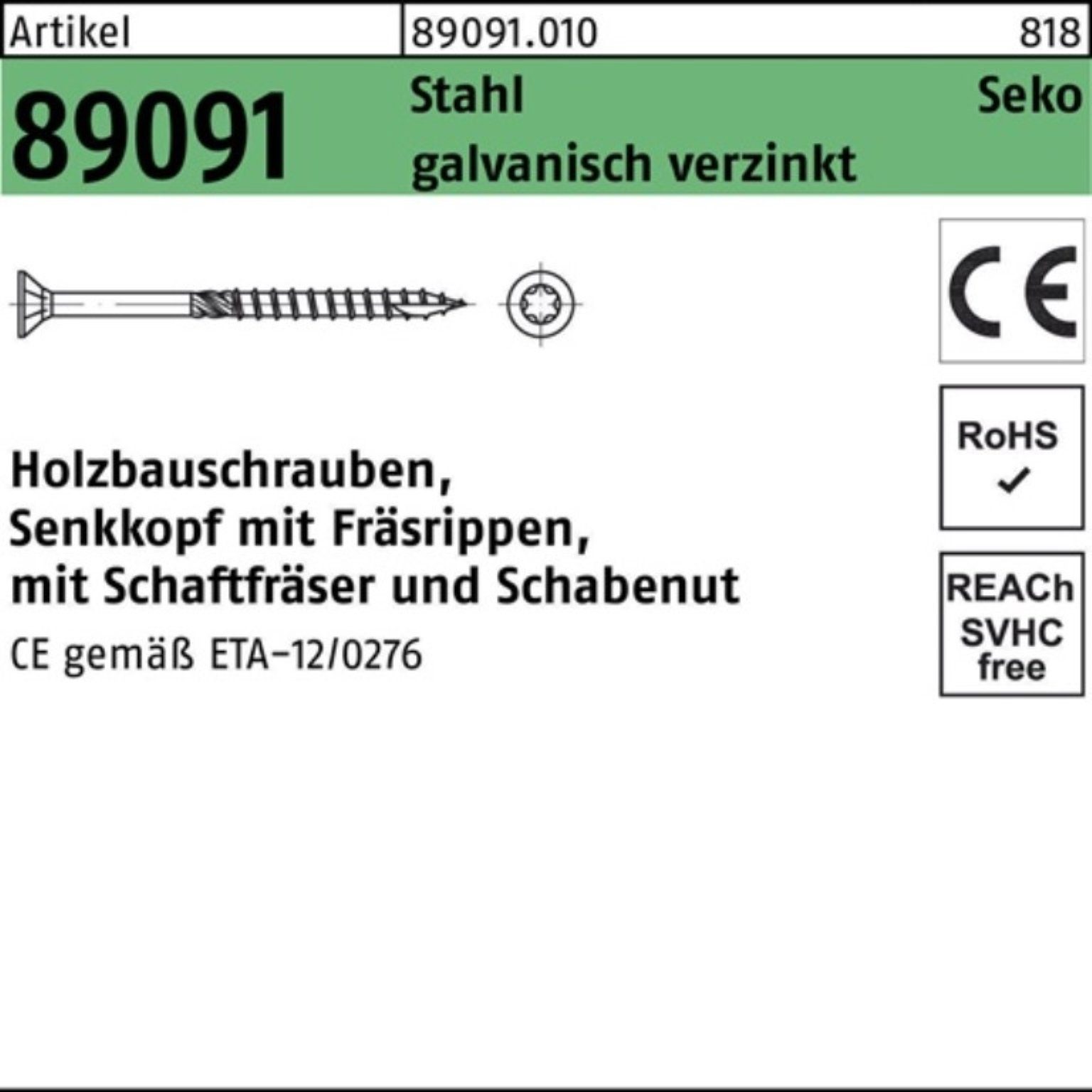 Reyher Holzbauschraube 100er Pack Holzbauschraube R 89091 SEKO ISR 8x380-T40 Stahl galv.verz. | Schrauben