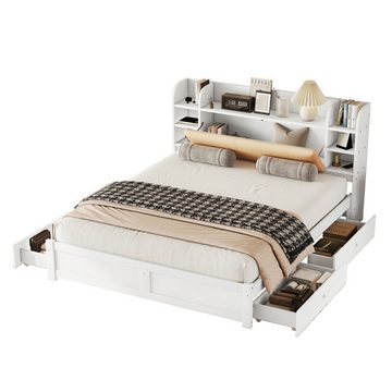 DOPWii Bett 180*200 cm Flachbett,Teilweise aufklappbares Kopfteil,Vier Schubladen,Mehrere Staufächer,Weiß