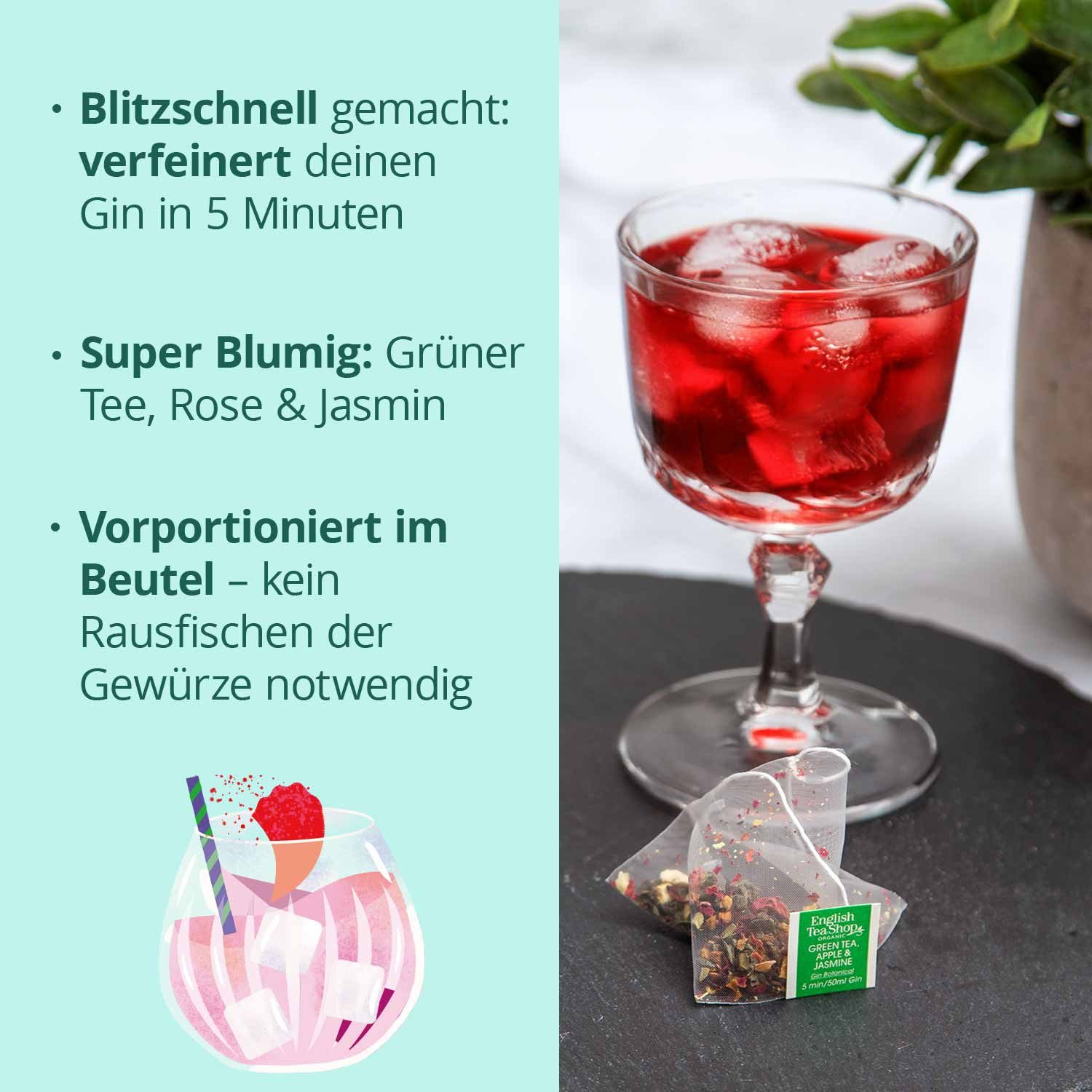 English Tea Shop Tee Botanicals for Gin "Grüner Tee, Rose & Jasmin", BIO 7 Pyramiden-Beutel