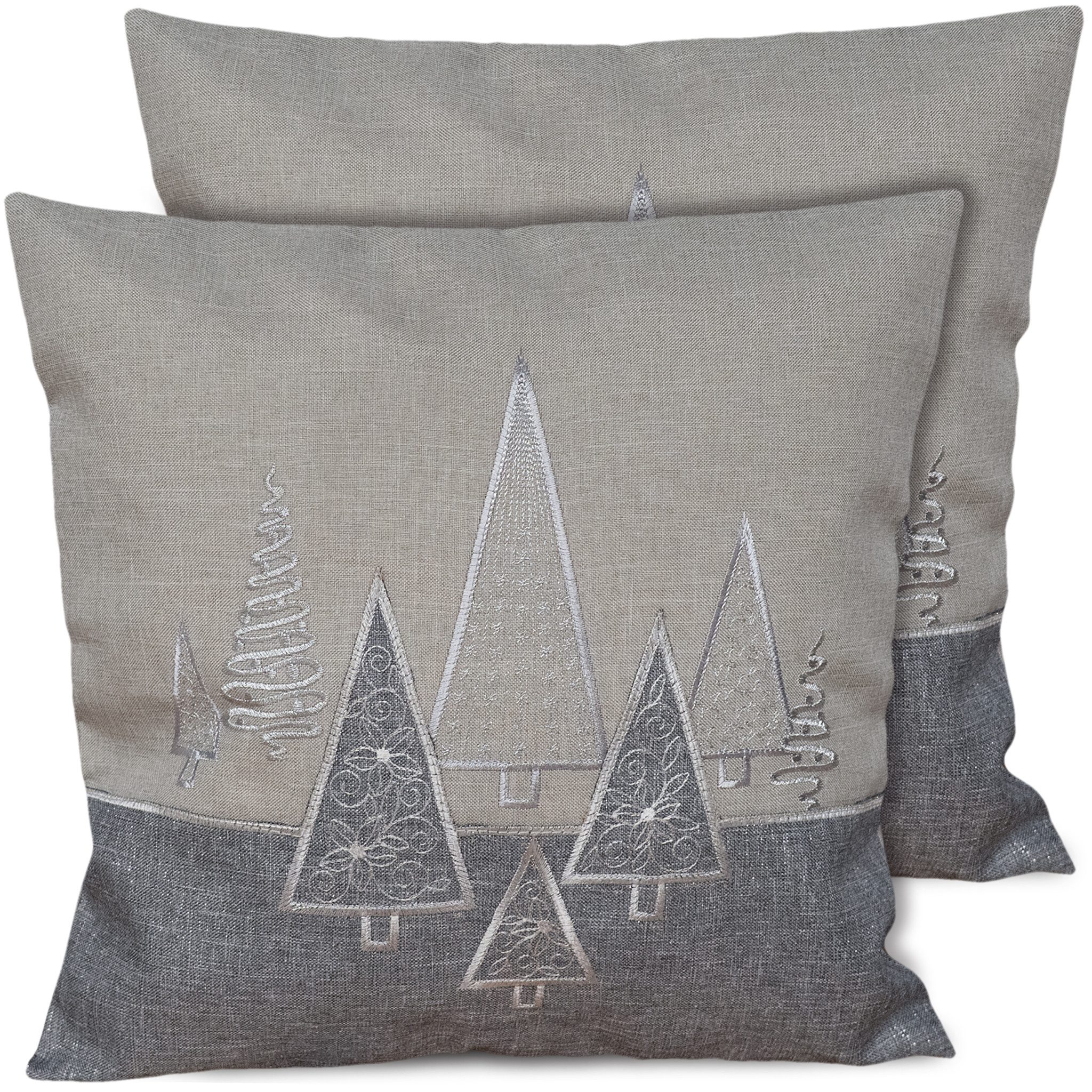 matches21 HOME & HOBBY Kissenbezüge 2er Set Kissenhüllen 40x40 cm grau mit Tannenbaum als Weihnachts-Deko, (2 Stück), Zierkissen-Bezüge für Sofa-Kissen, Couch-Kissen