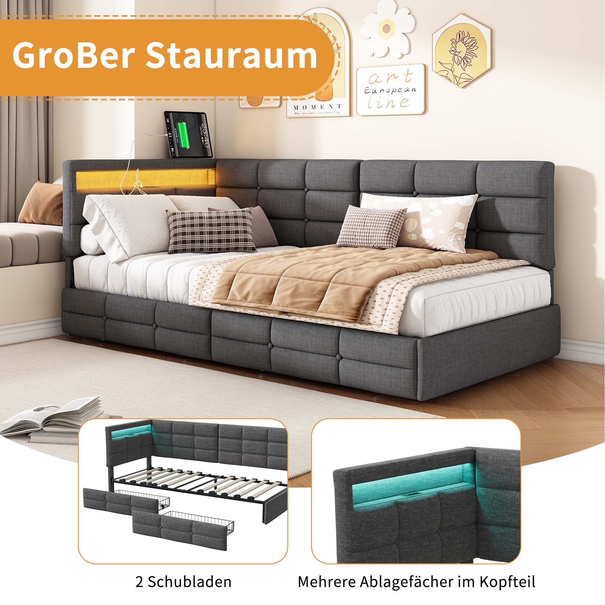 ADWOLT Schlafsofa Daybett Polsterbett Mit LED-Licht und USB-Anschluss, Set 1 Teile, 140x190 cm,Mit 2 Schubladen,Leinenstoff-Grau – Bild 3 von 5